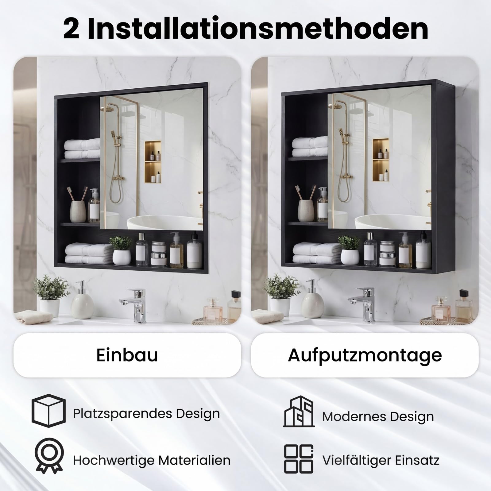 COSTWAY Spiegelschrank, Badezimmerschrank mit Spiegeltür & 3 offenen Regalen, Hängeschrank, Aufbewahrungsschrank, Wandschrank für Waschküche, Badzimmer & Flur, 56 x 16 x 61 cm (Schwarz)
