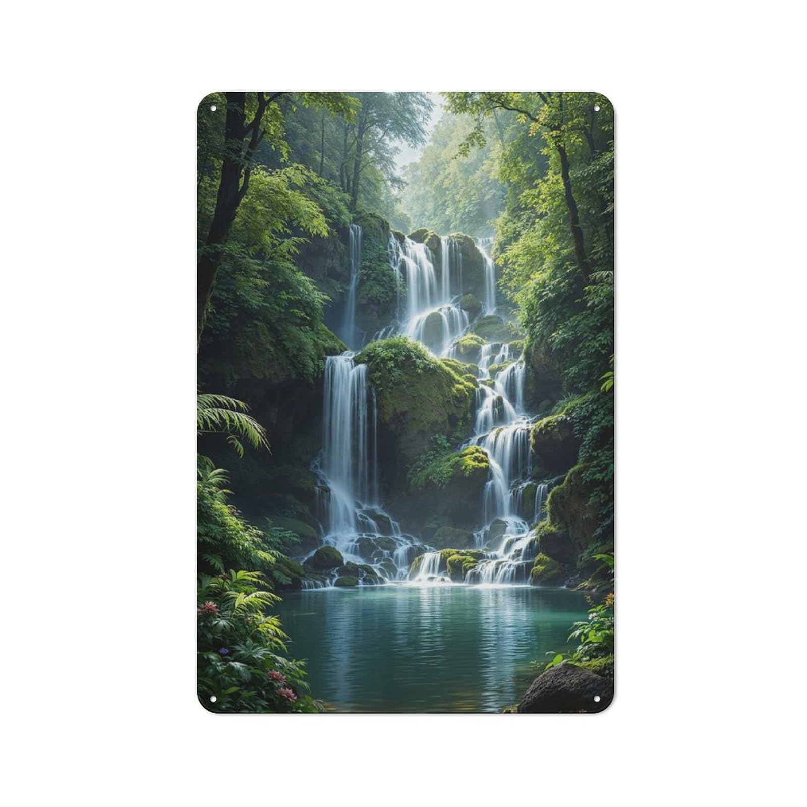 Junmoney Style-19 Serene Waterfall In Lush Forest Rustic Metal Sign 30X20cm For Café Or Restaurant, Suited To Café Owners And Decorators