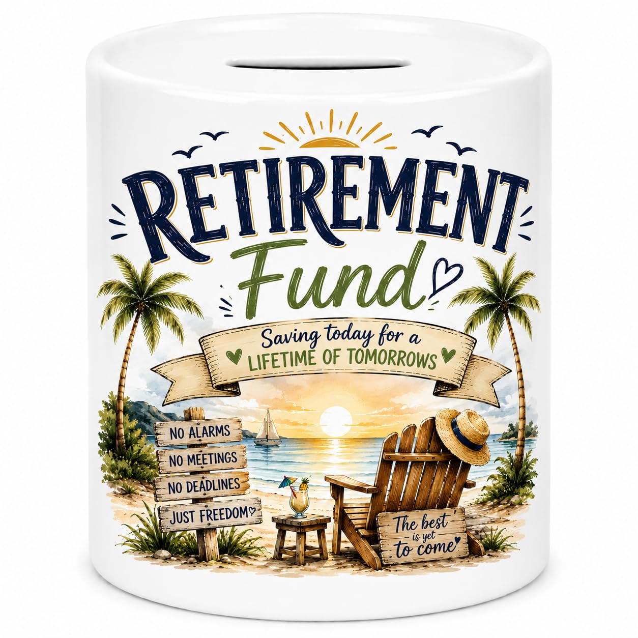 Vacso Trading Men's White Retiret Fund Money Box – Retiret Savings Ceramic Piggy Bank – Saving Today For A Lifetime Of Tomorrows – Retiret Gift For & Wo – Beach Retiret Fund Coin Bank
