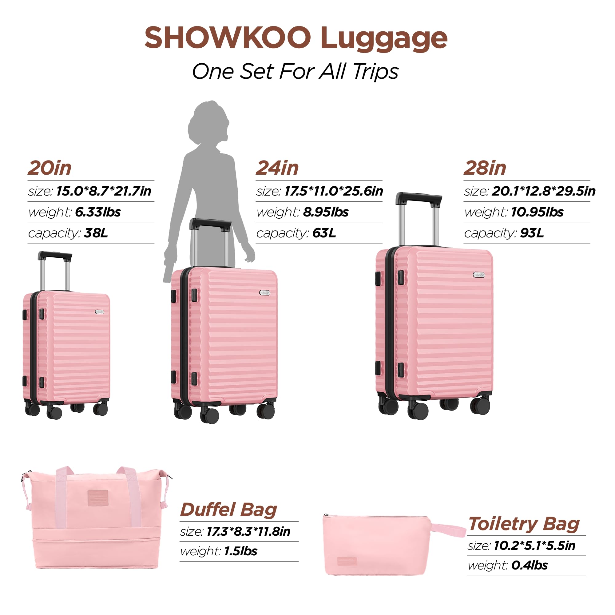 SHOWKOO Zestawy bagażowe 3 sztuki Hardside rozszerzalna walizka z podwójnymi kołami obrotowymi Tsa (50.8 cm/61.0 cm/28), różowy, 5PCS