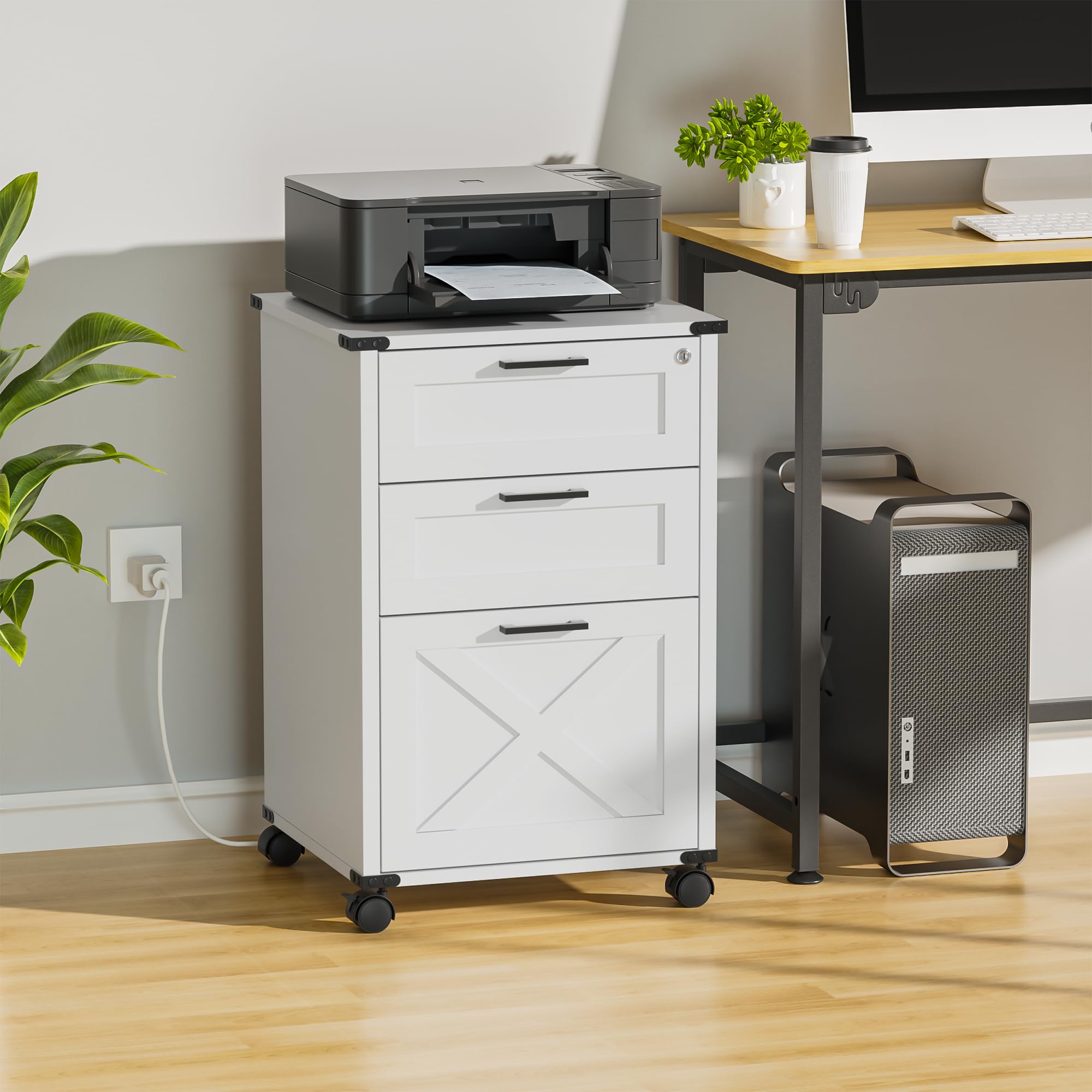 Photo 1 of **pieces missing** Onelike Small Wood File Cabinet with Lock, Nightstand with Charging Station, 3 Drawer Under Desk Lateral Filing Cabinets for Home Office, Printer Stand with Storage, White