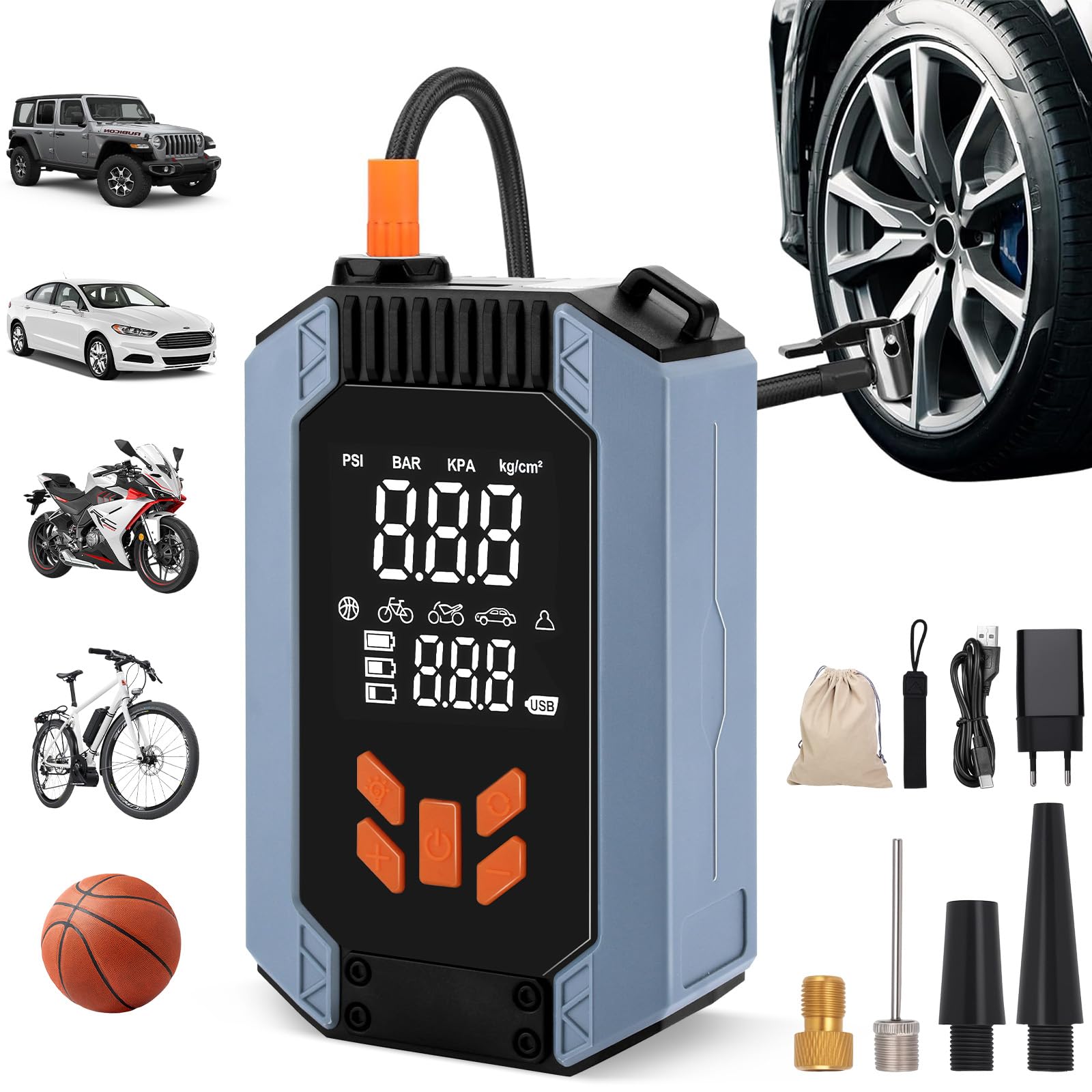 UCAMP Compressore à Aria Portatile, Mini Pompa Elettrico Portatile con 4000mAh USB C 4 Modes 150 PSI, Inflazione Rapida, Luce LED e Arresto Automatico, per Auto, Moto, Bicicletta, Palla