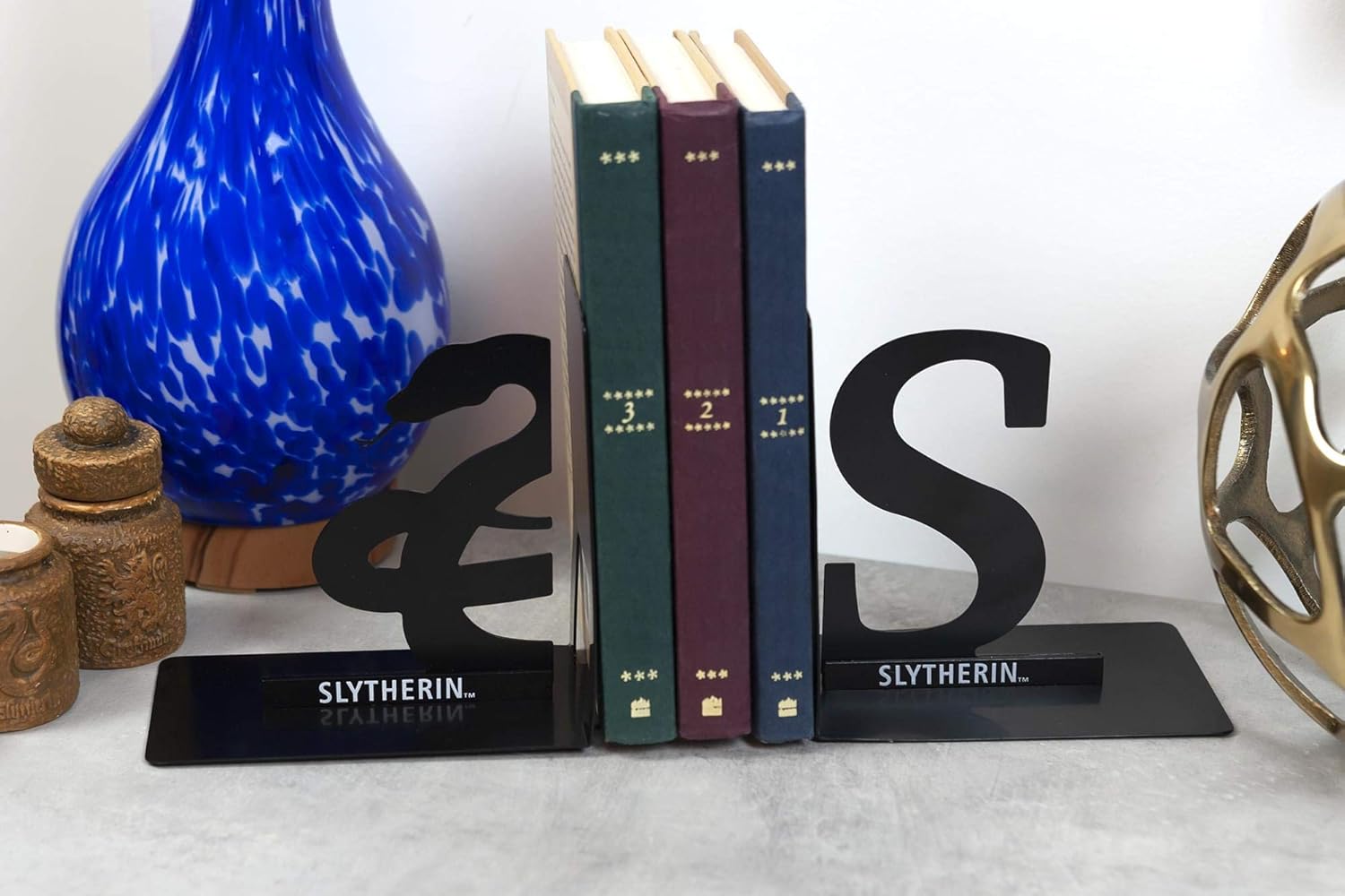 Harry Potter Metal Bookends - Black Hogwarts House Slytherin Diecast Design - Decorative Book Holder - Home, Office, Kitchen, Room Decor - Books Collection Display For Shelves - Desk Accessories Set