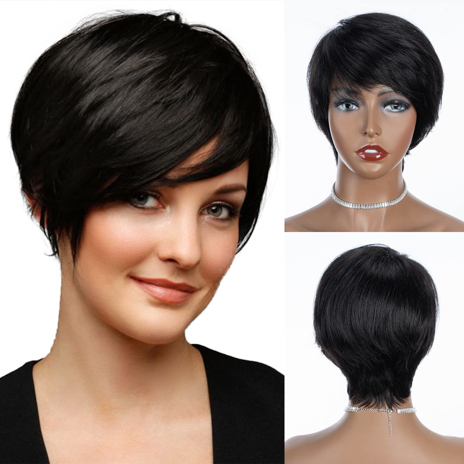 QVR Pixie Cut Wig Human Hair Wigs with Bangs Short Wigs for Black Women Human Hair Different Style Pixie Wig for Daily Wear Natural Black Color