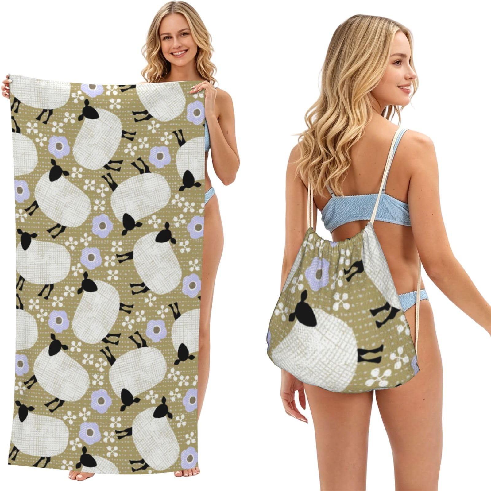 Poadnly As Picture Wooly Sheep Pattern, 2 In 1 Packable Towel Bag, Beach Towels With Drawstring Backpack For Travel Holiday Camping