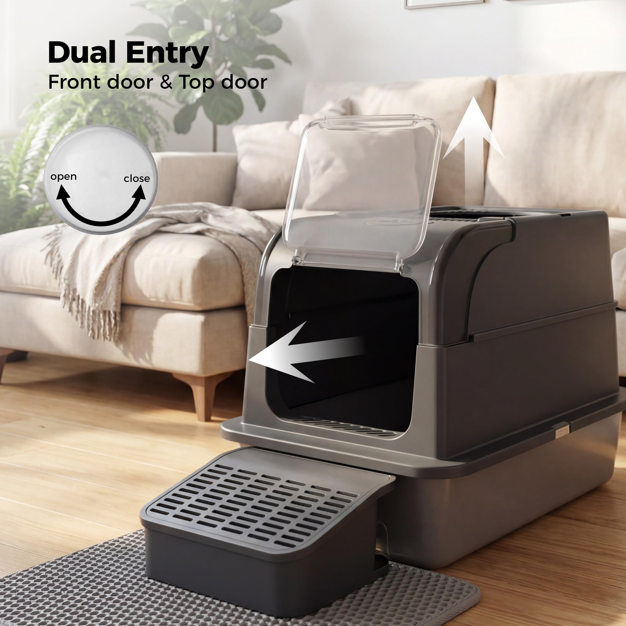 Caja de Arena para Gatos de Acero Inoxidable con Tapa | Bandeja de Arena Cerrada XXL | Sin Olor | Antiadherente | Entrada Frontal y Superior de Doble Puerta | Paso de Pedal de Filtro | Cuchara |