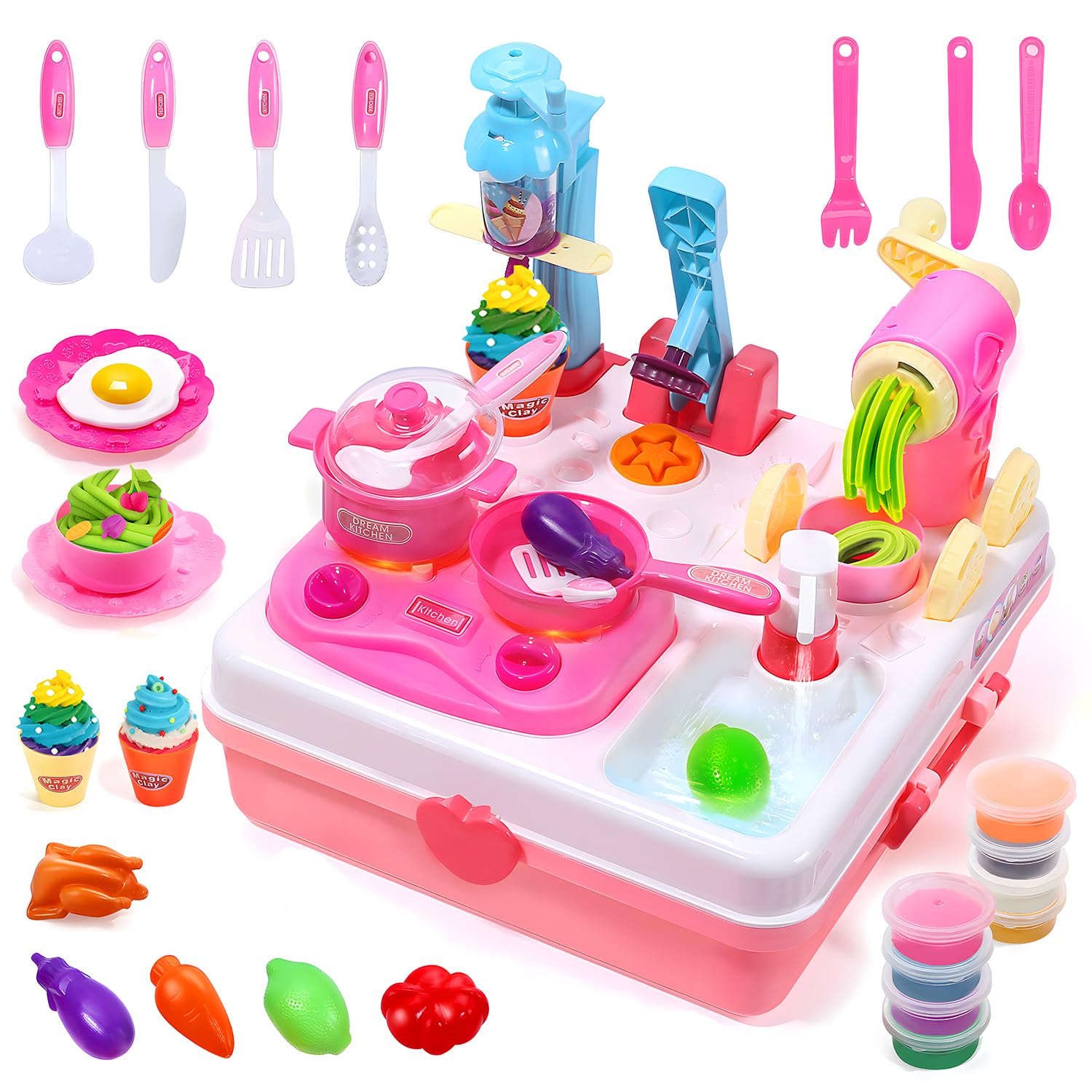 Dough Sets Dough Tools Kit Kitchen Creations Ice Cream Maker Machine with Sound and Light, Chritsmas Gift for Kids, Boys, Girls (8 Color Dough Included)