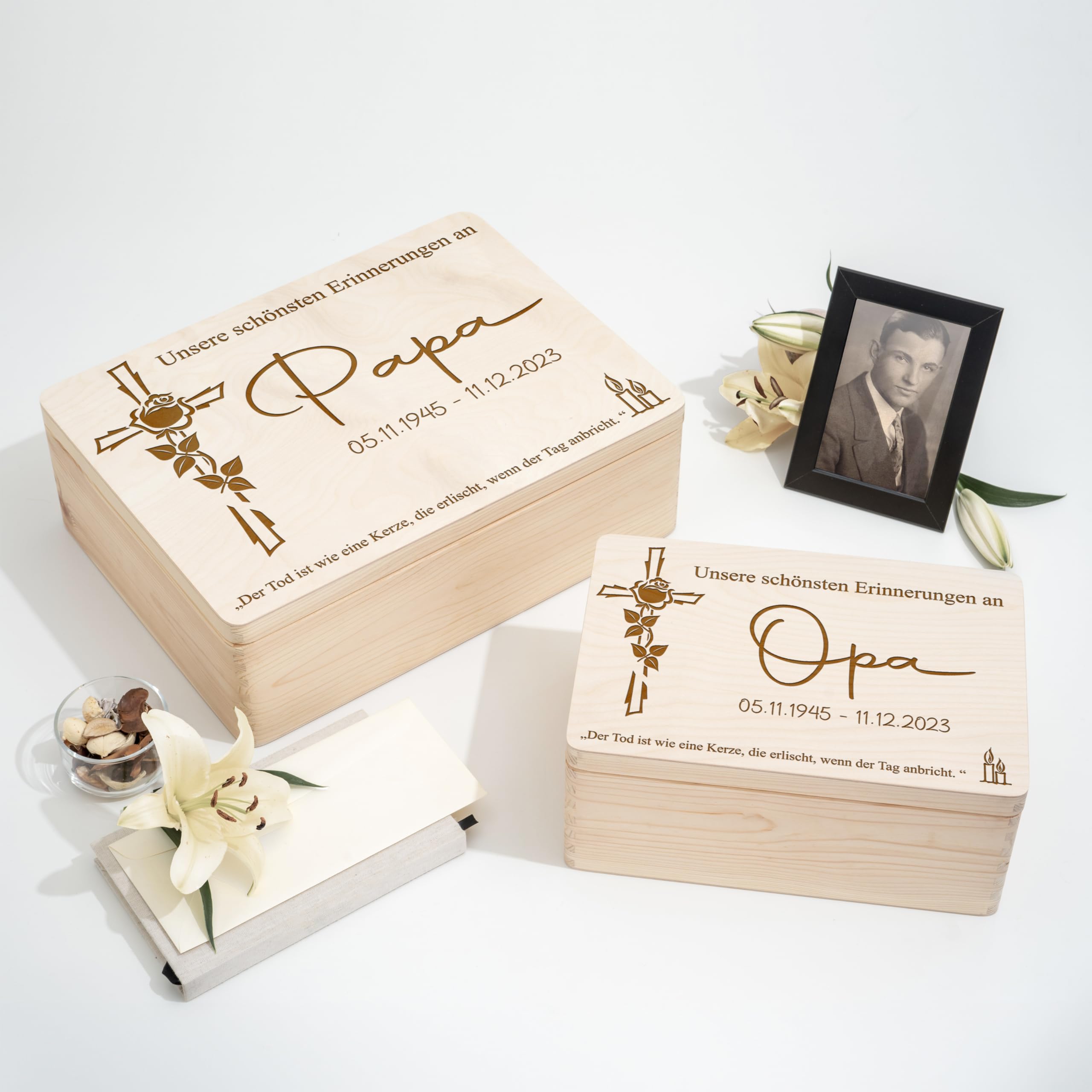 Personalisierte Erinnerungskiste aus Holz Erinnerungsbox Trauerkiste Trauerbox für Erinnerungen an verstorbene Andenken an Oma, Opa, Papa, Mama Holzbox Kiste Box Trauern Trauerbewältigung