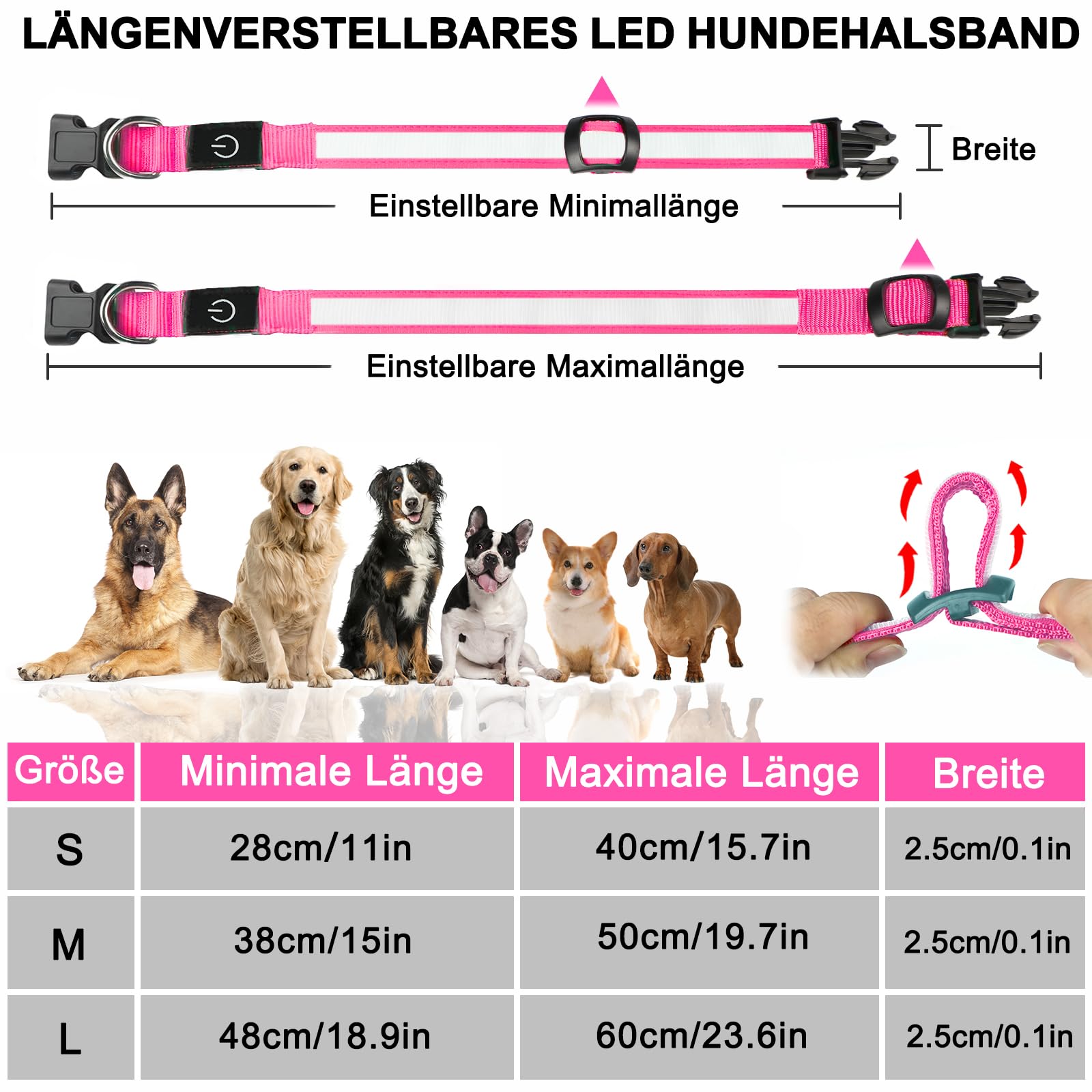 Nepfaivy Collare Luminoso per Cani Ricaricabile - Collare per Cani a Led con Lunghezza Regolabile, 3 Modalità di Illuminazione per la Sicurezza Notturna, Rosa