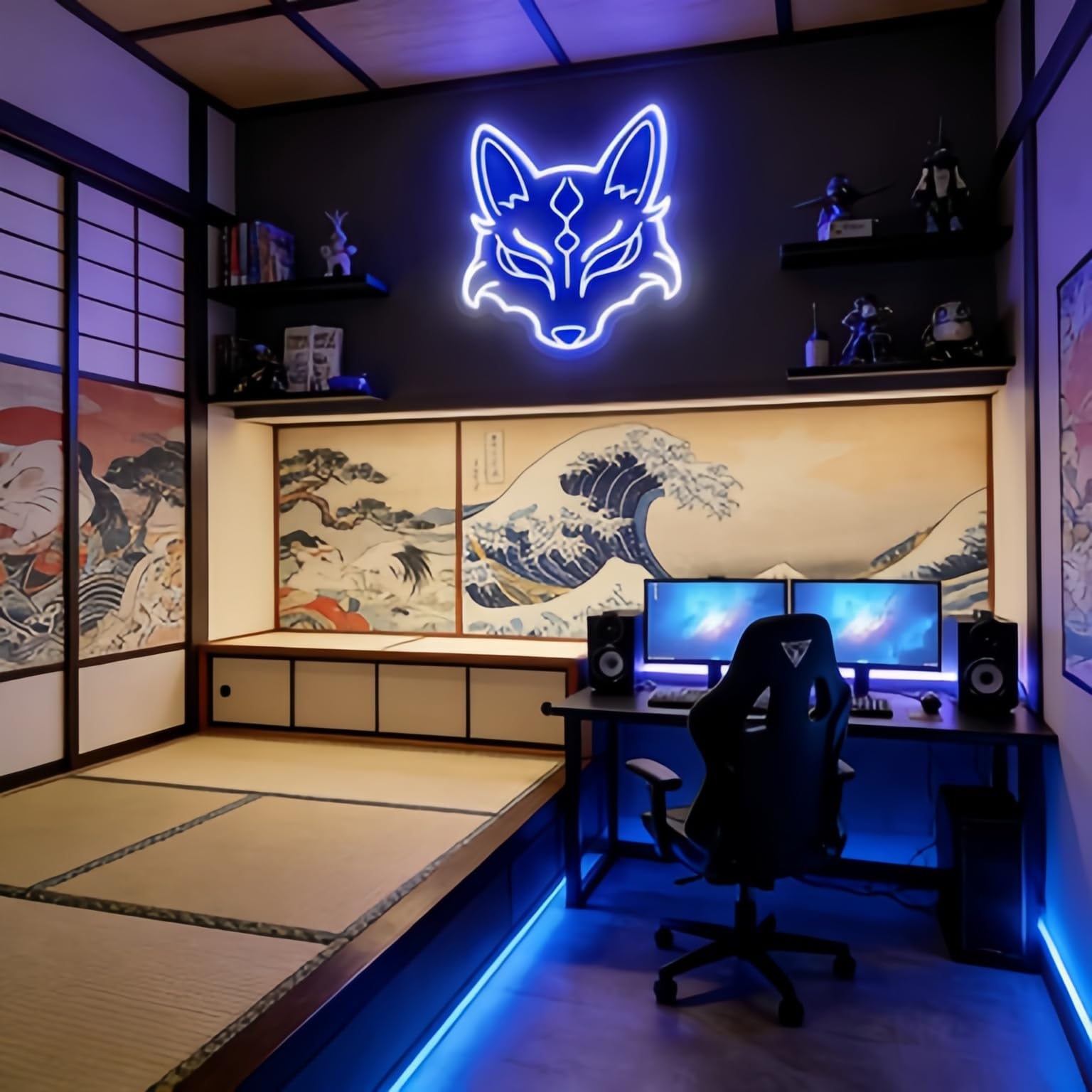 Kitsune Maschera al neon, luce LED a forma di volpe giapponese, decorazione da parete Yokai, maschera Oni Anime decorazione per la stanza