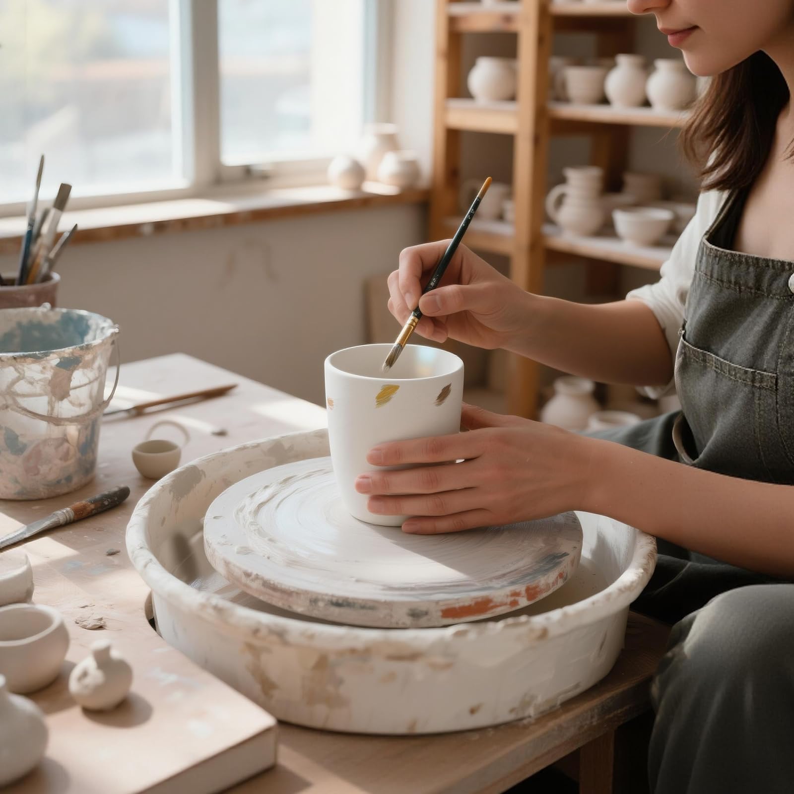 Ręcznie wykonany zestaw ceramicznych palet farb – artystyczna paleta akwareli z uchwytem na pędzle i kubkiem na wodę, kompletny zestaw ceramiczny do akwareli, gwaszu, akrylu i malowania olejnego