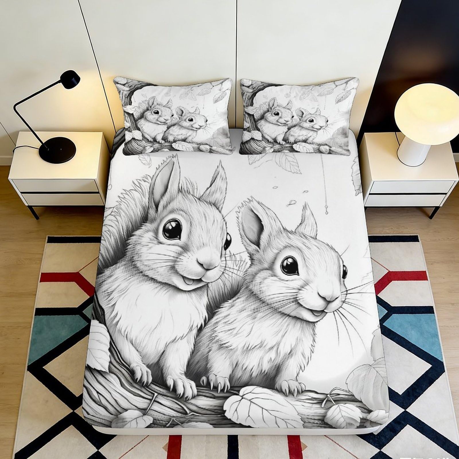 3D Printed Cartoon Squirrel Fitted Sheet Microfiber Soft Grey Leaves Animal Mattress Cover for Bedroom Guest Room Decor 140x200x25cm