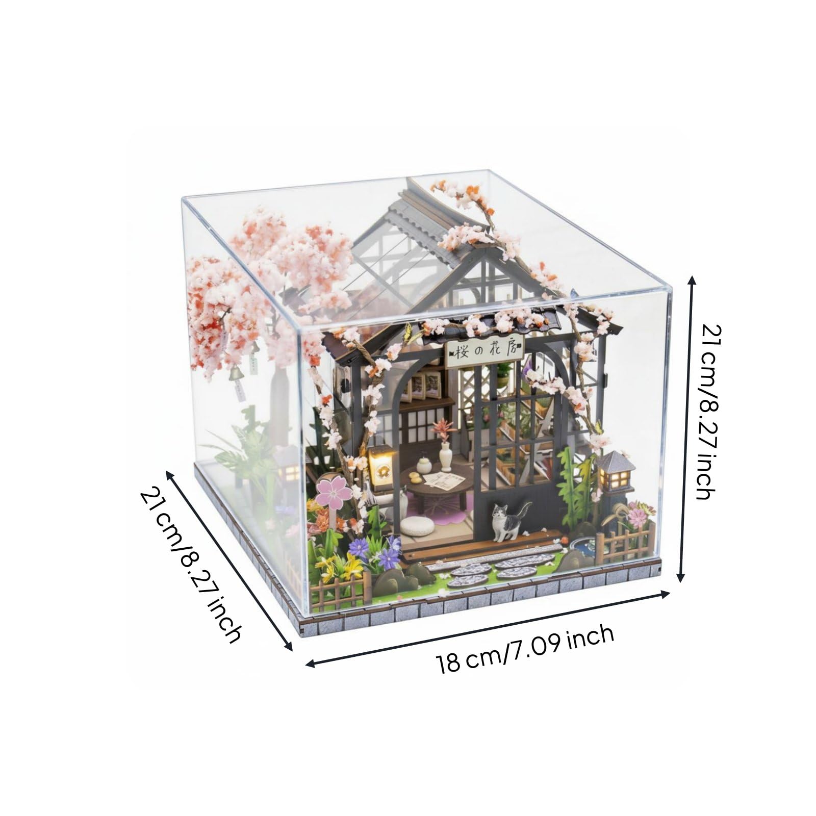 Colcolo Miniaturhaus Modellbausatz Puppenhaus Gewächshaus Japanisch Bastelset mit Drehendem LED Beleuchtung Transparentem Dach Und Schiebetüren für Sammlerpräsentation Wohndekoration