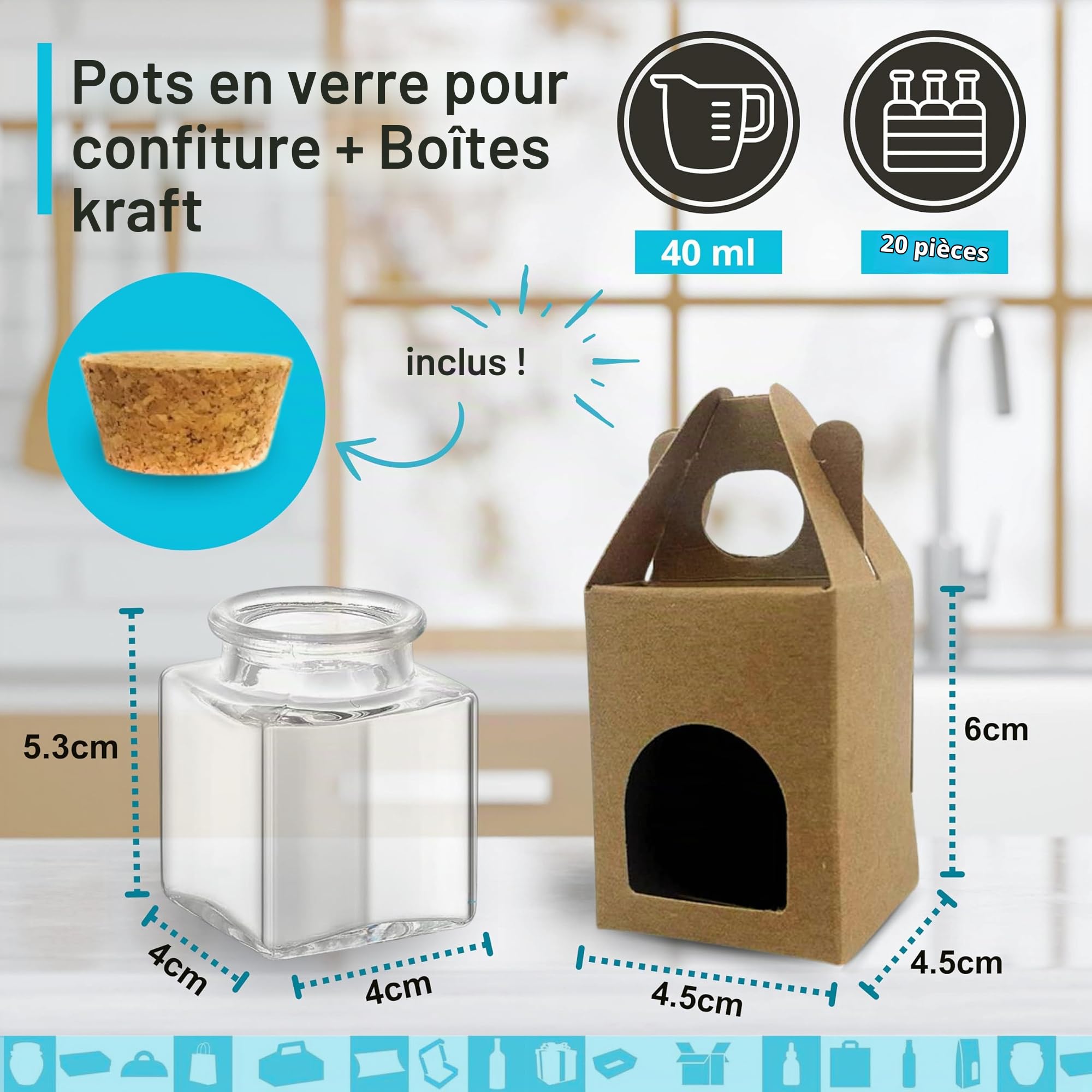 Espirito Rebelde 20 Pots en Verre Carrés pour Épices 40ml avec Bouchon en Liège + 20 Boîtes Kraft | Bocaux Rangement Cuisine | Épices, Confiture, Yaourt