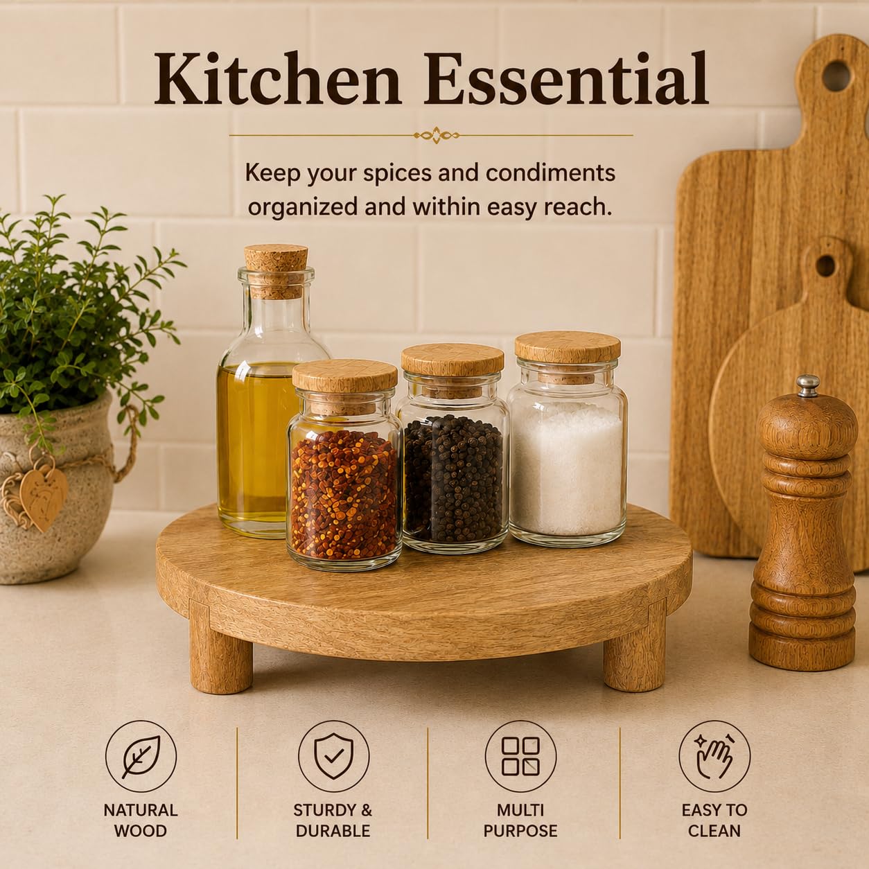 TRENDSETTER, DESIGN MATTERS Wooden Display Riser Plant Stand for Kitchen Countertop, Round Acacia Wood Tray Pedestal Riser Shelf, Kitchen Counter Shelf Spice Rack Organizer, Display Shelf for Cosmetics and Bathroom 3
