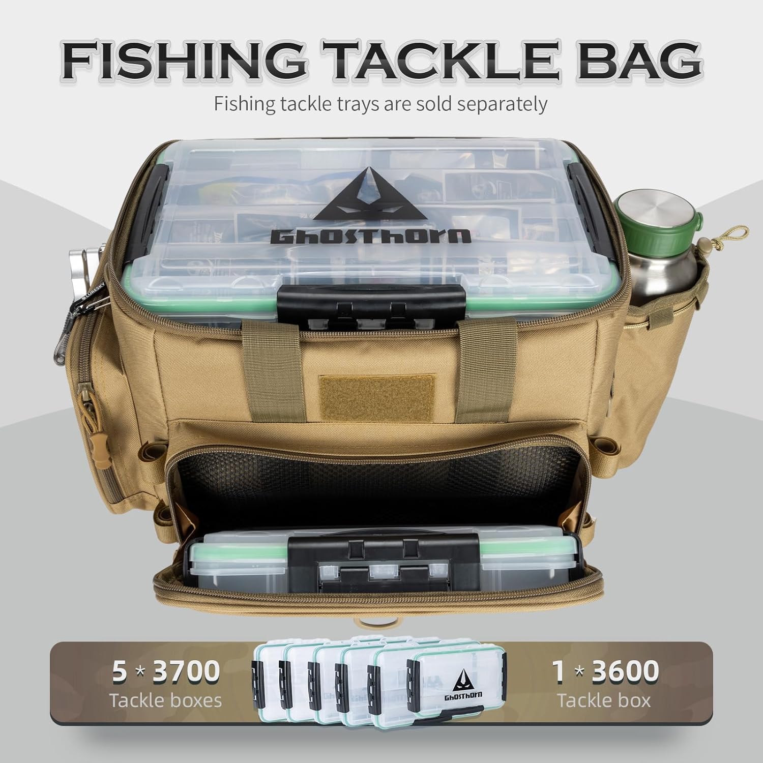 Ghosthorn Fishing Tackle Bag with Rod Holder Saltwater & Freshwater Resistant Large Tackle Box Bag - Adjustable Padded Shoulder Strap (Khaki)
