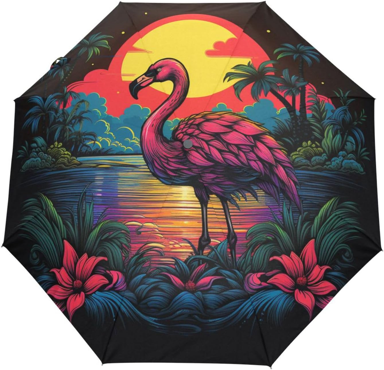 Cool Neon Flamingo Automatic Foldable Umbrella UV Protection Auto Open Close Portable Compact Travel Umbrellas for Boys Girls