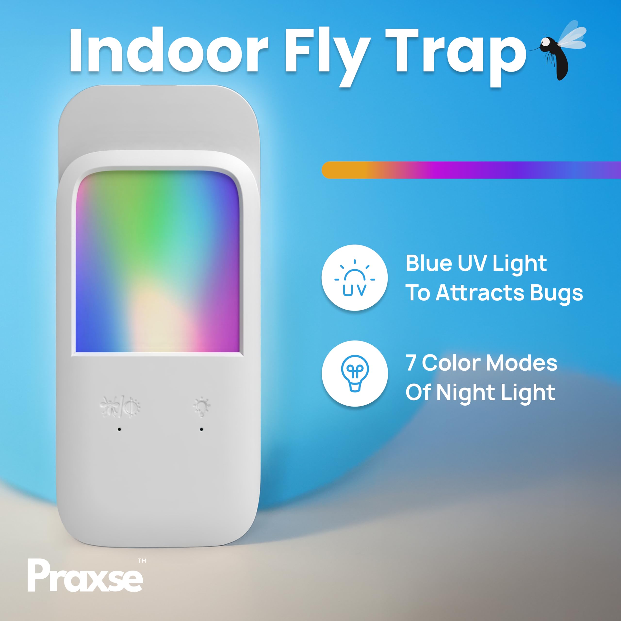 Plug-in Pułapka na muchy i lampka nocna, łapacz owadów do wnętrz, na komary, gonaty, muchy owocowe z lampką nocną RGB do domu, kuchni, biura (biały, 1 urządzenie z 5 samoprzylepnymi podkładkami