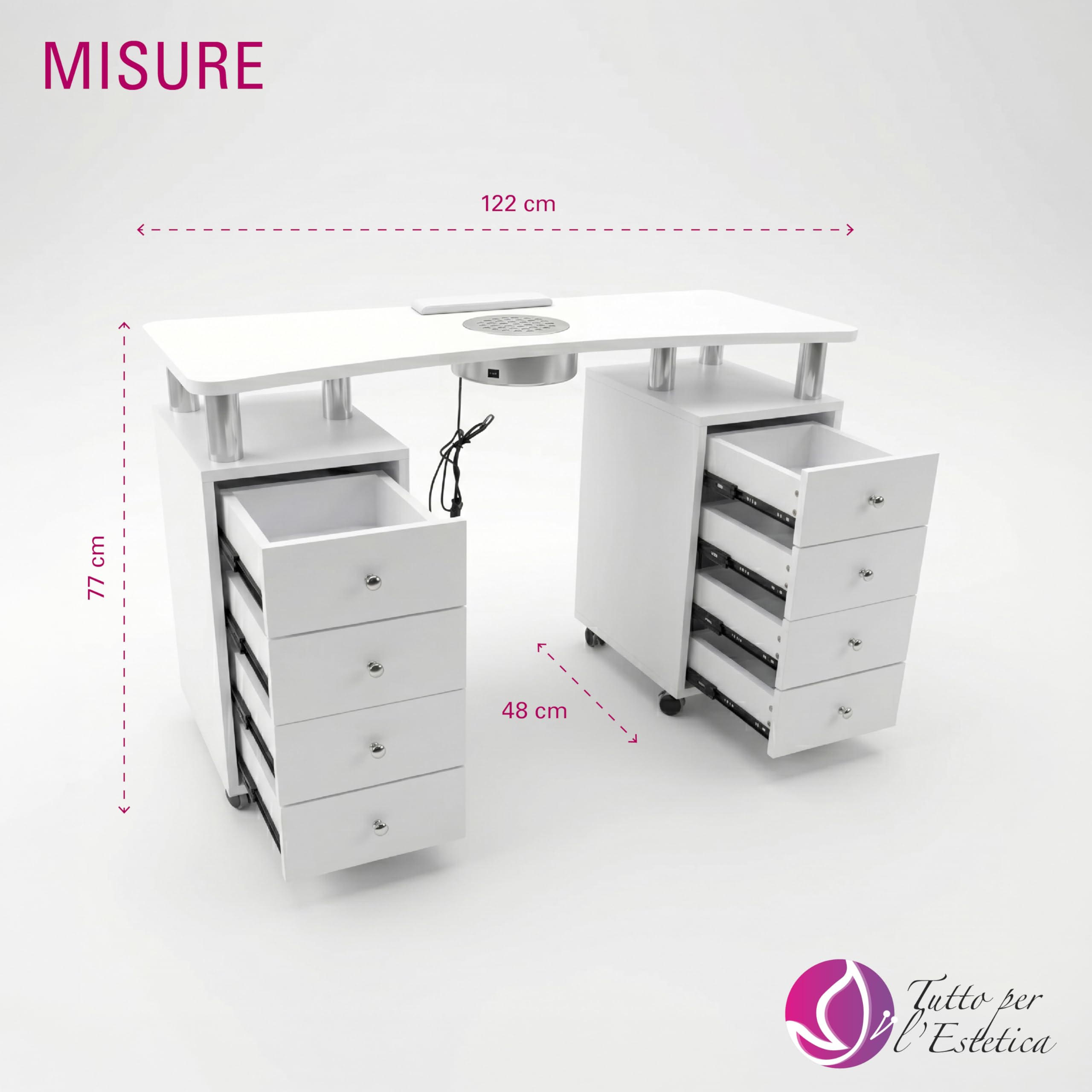 Tavolo Manicure + Aspiratore Professionale Filtro Tondo, Con 8 Cassetti – Postazione Unghie Estetista con Ruote Bloccabili, Poggiamani Incluso, Tavolo Nail Studio Robusto e Organizzato, 122x48x77 cm
