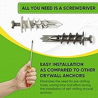 Vista 5 de Anclaje autoperforante de plástico y zinc para paneles de yeso con kit de tornillos, el paquete incluye 25 anclajes de plástico grandes y 25