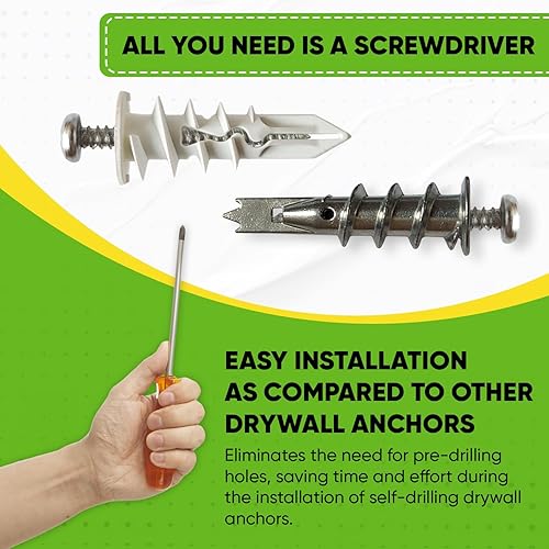 Miniatura 5 de Anclaje autoperforante de plástico y zinc para paneles de yeso con kit de tornillos, el paquete incluye 25 anclajes de plástico grandes y 25