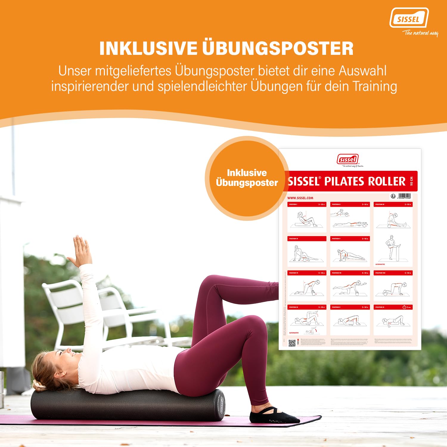SISSEL Pilates Roller Pro, wytrzymały kauczuk, idealny dla początkujących i zaawansowanych, wszechstronny trening w domu i studio, długość: 90 cm, kolor: szary