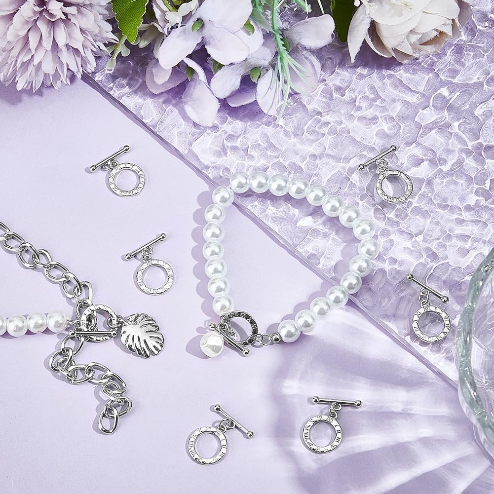 Beebeecraft 1 Box 10Pcs Toggle Clasps for Jewelry Making 925 Sterling Silver Plated Brass Clock Round Toggle Clasps Connectors Metal Bar and Snap Ring for DIT Craft
