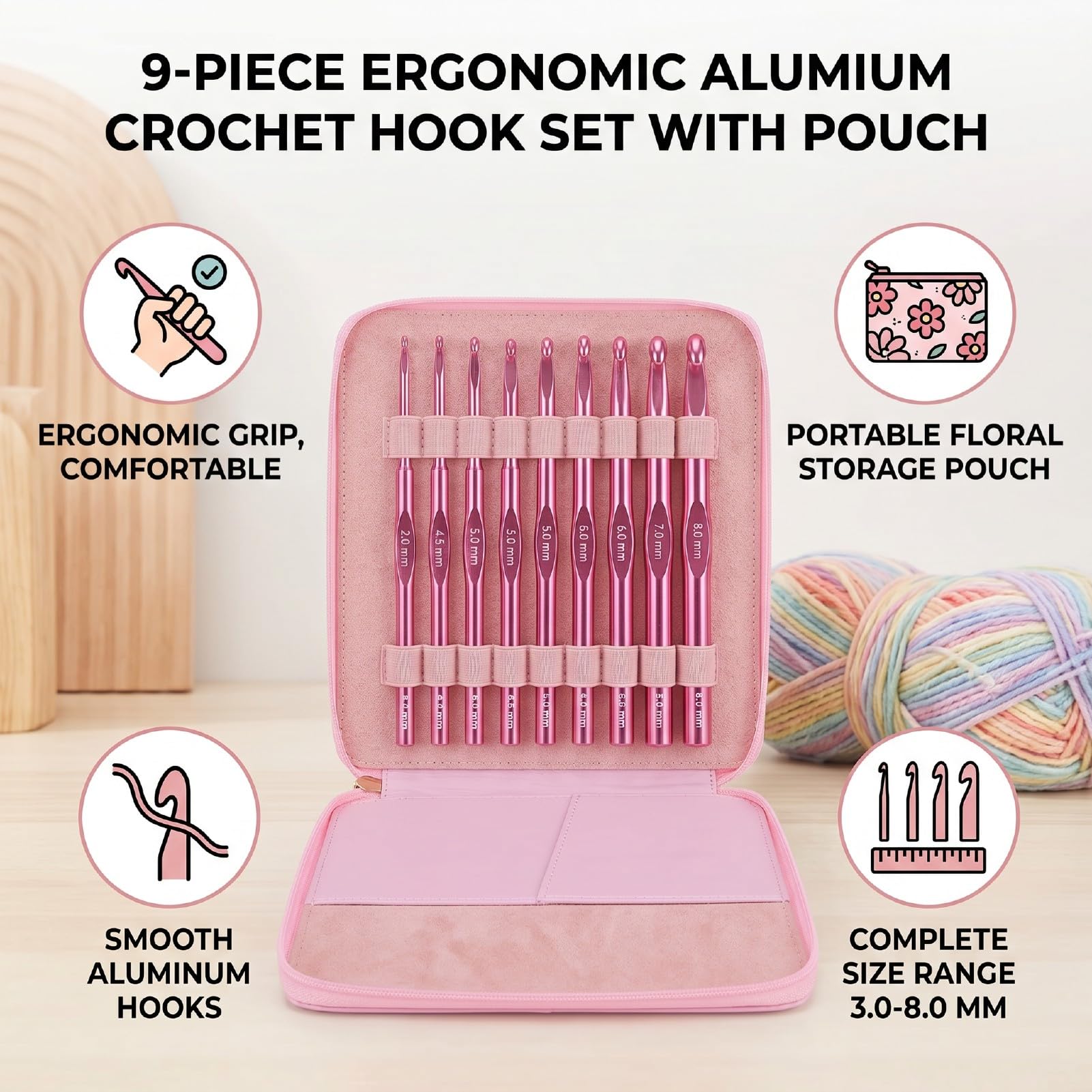 RIZGHWOY Set de Ganchillo, 9 Piezas de Aluminio Ergonómico con Estuche para Proyectos de Tejido