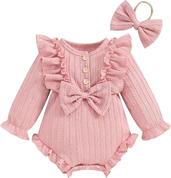 Yoawdats Newborn Baby Girls Ruffle Romper Long Sleeve Bow Decorated Romper Jumpsuit Bodysuit with Headband Set Baby Clothes Pink, 0-3 Months
