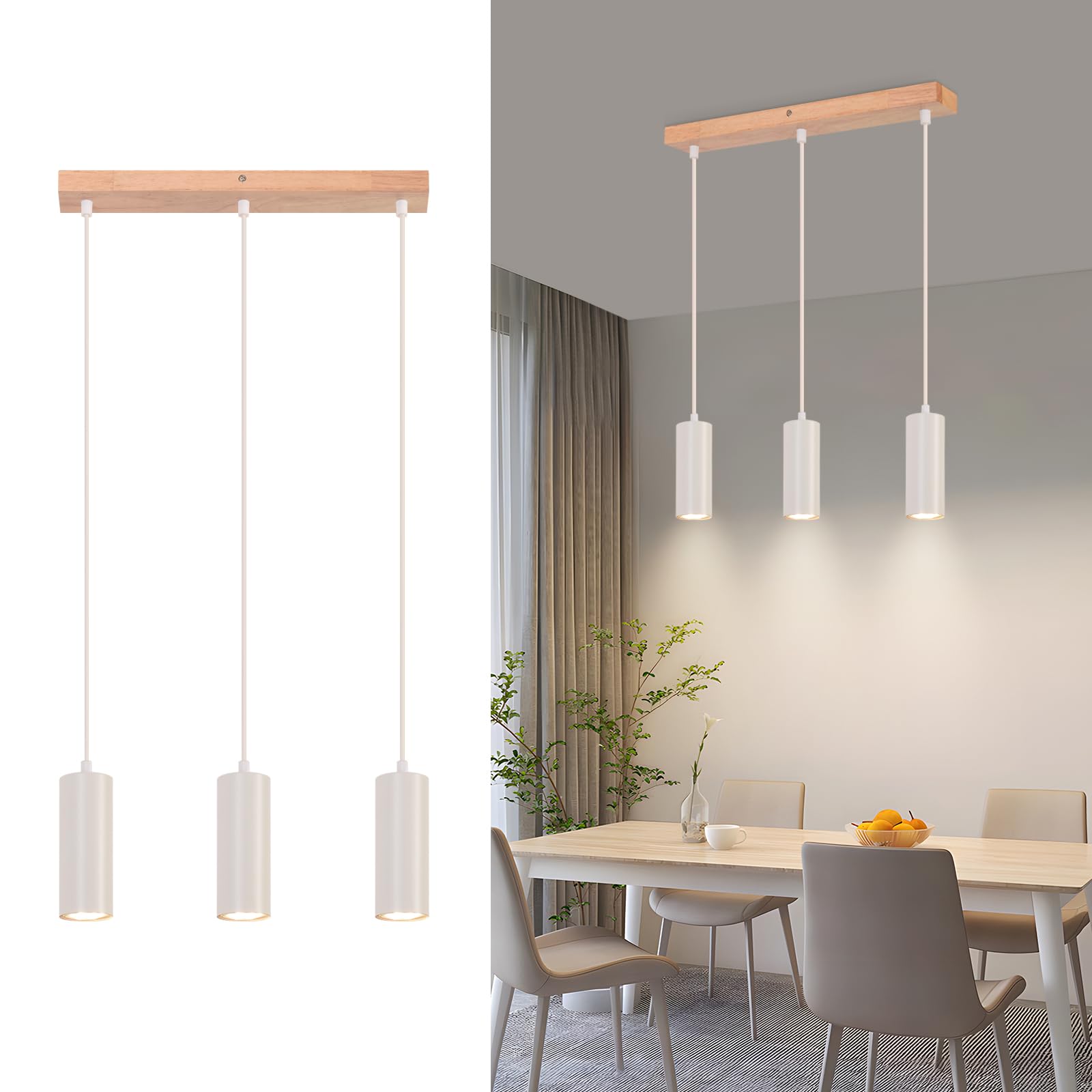 Lámpara Colgante 3 Bombillas Lámpara de Comedor Madera - Lámpara Colgante Blanca Mesa de Comedor Lámpara Colgante Vintage GU10 Lámpara de Pasillo de Cocina Rústica Lámpara Colgante