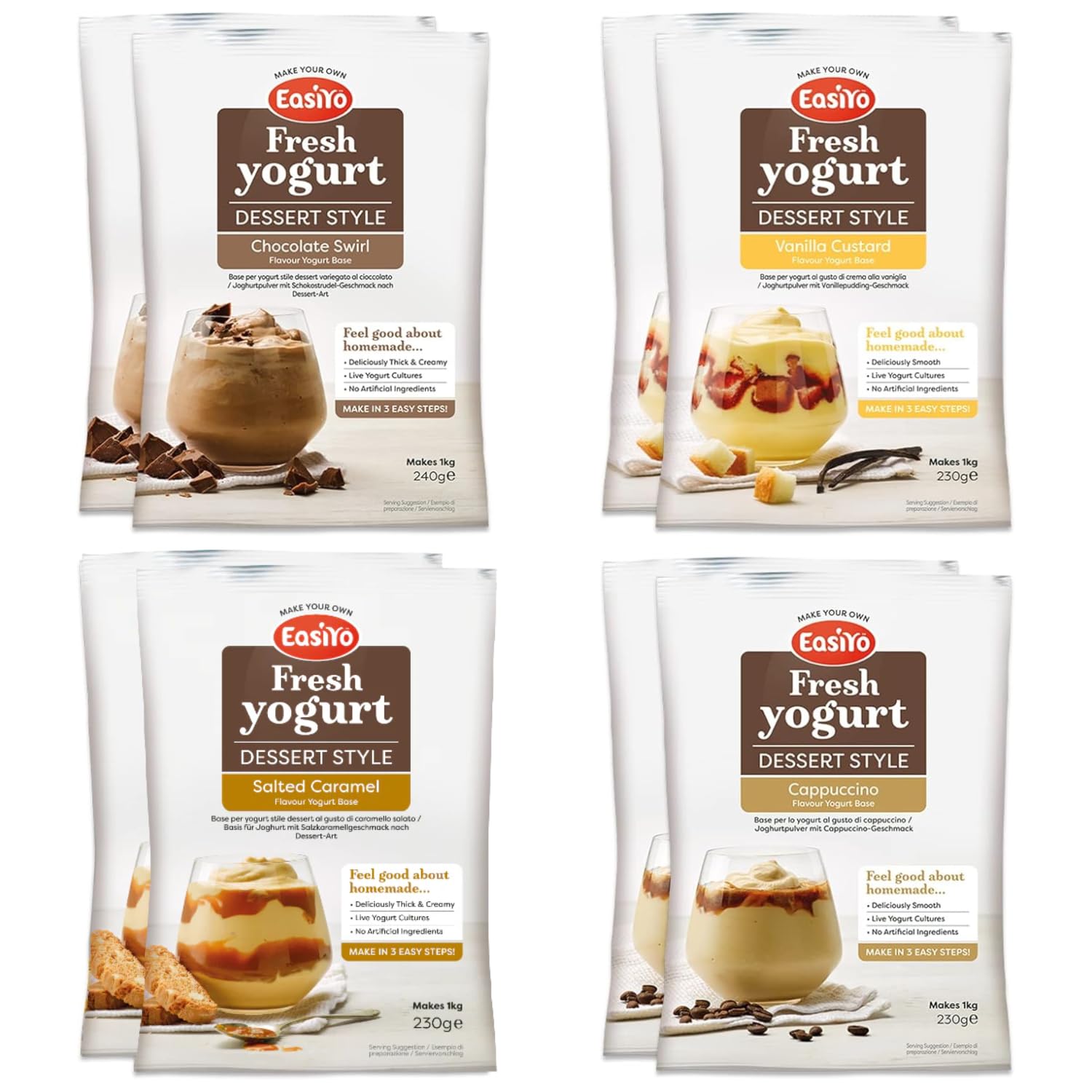 Yogurt 8 Sachet Pack | EasiYo Dessert Mixed Pack | 2 x Chocolate Swirl 2 x Vanilla Custard 2 x Salted Caramel 2 x Cappuccino | Each Sachet Makes 1kg of Yogurt
