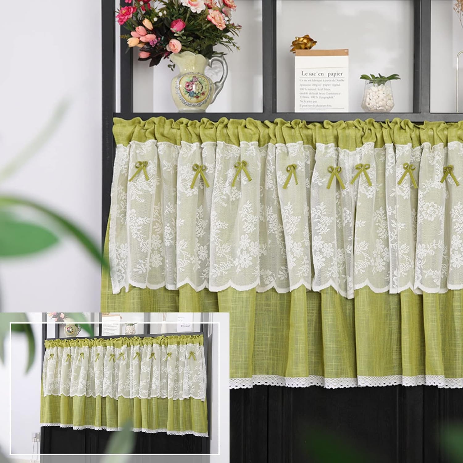 Plaid Short Kitchen Curtain Cotton Linen Tier Curtains, Rural style Window Treatment Half Blackout Curtain Valance, Rod Pocket, for Decor Bathroom, Cafe, Living Room ( Size : W160xH60cm/63x23.6in )