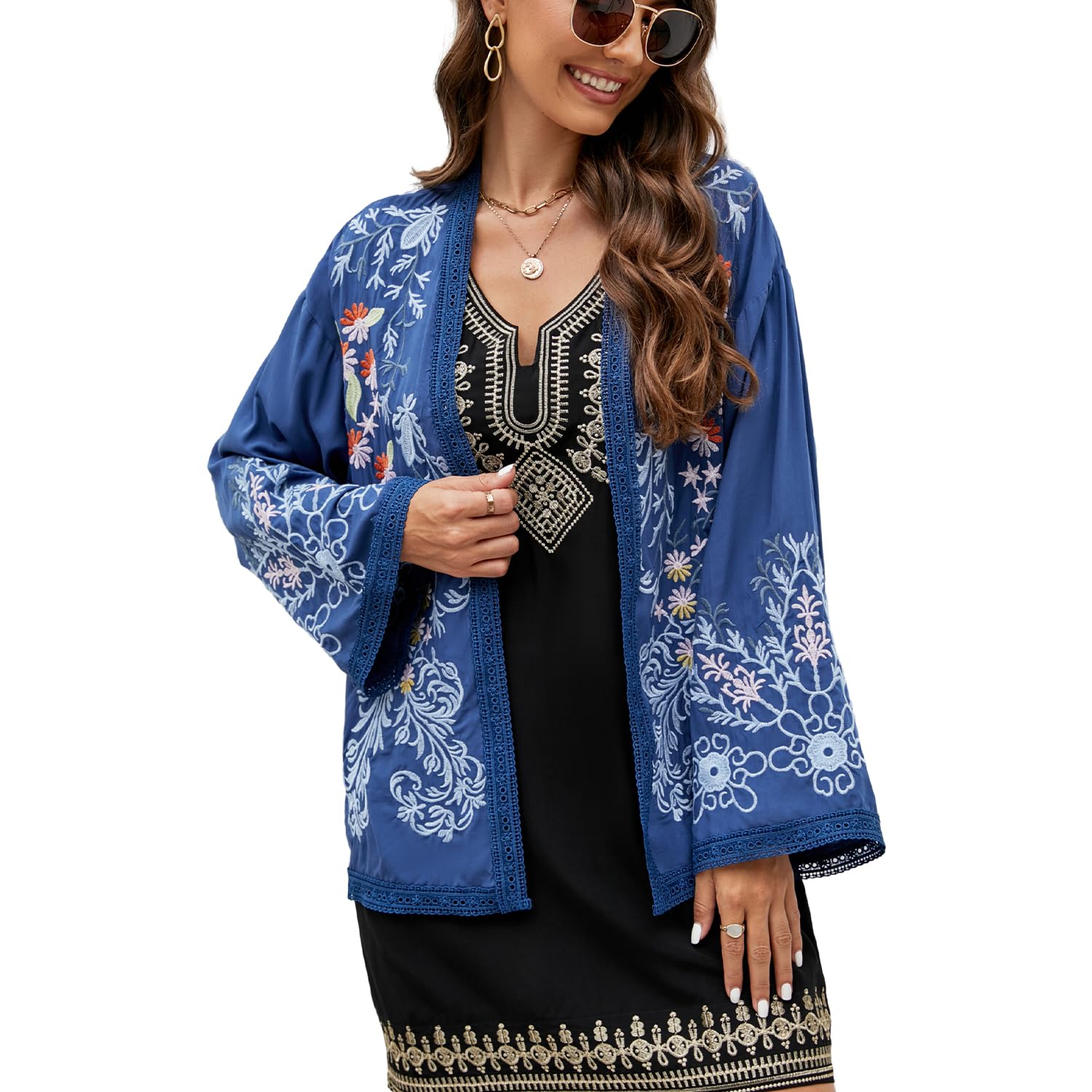drakloak Damen Böhmisch bestickte Strickjacke Sommer,Floral Besticktes Strand Cardigan,Boho Leicht Casual Langarm Cardigan,Shawl Bluse Oberteil Top