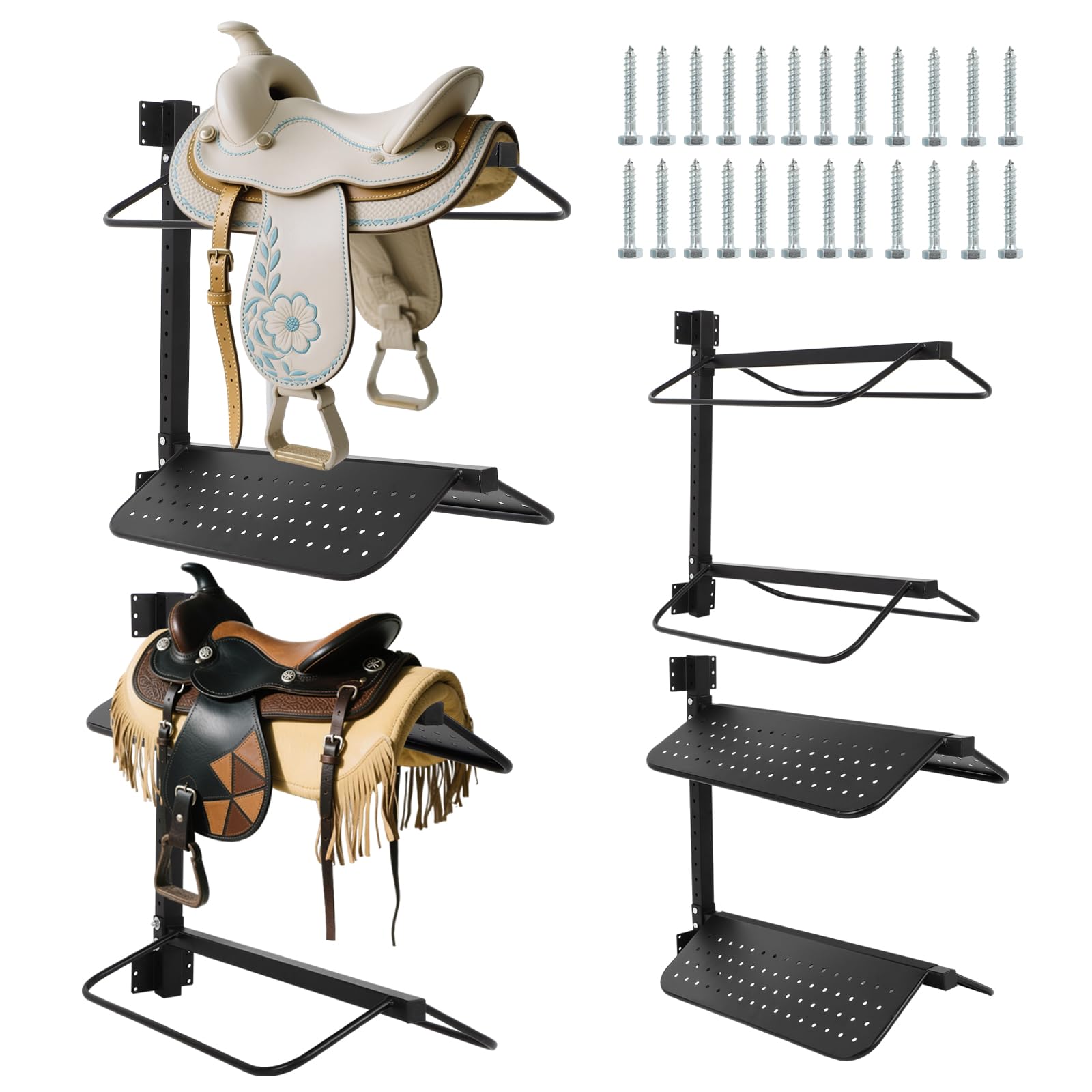 Dollate Sattelständer Wandhalterung, 2 Stück Pferdesattel Aufbewahrungshalter für englischen und westlichen Sattel, 4 Etagen, flexibler Sattelständer für Tackroom, Stall, Lagerhaus usw.