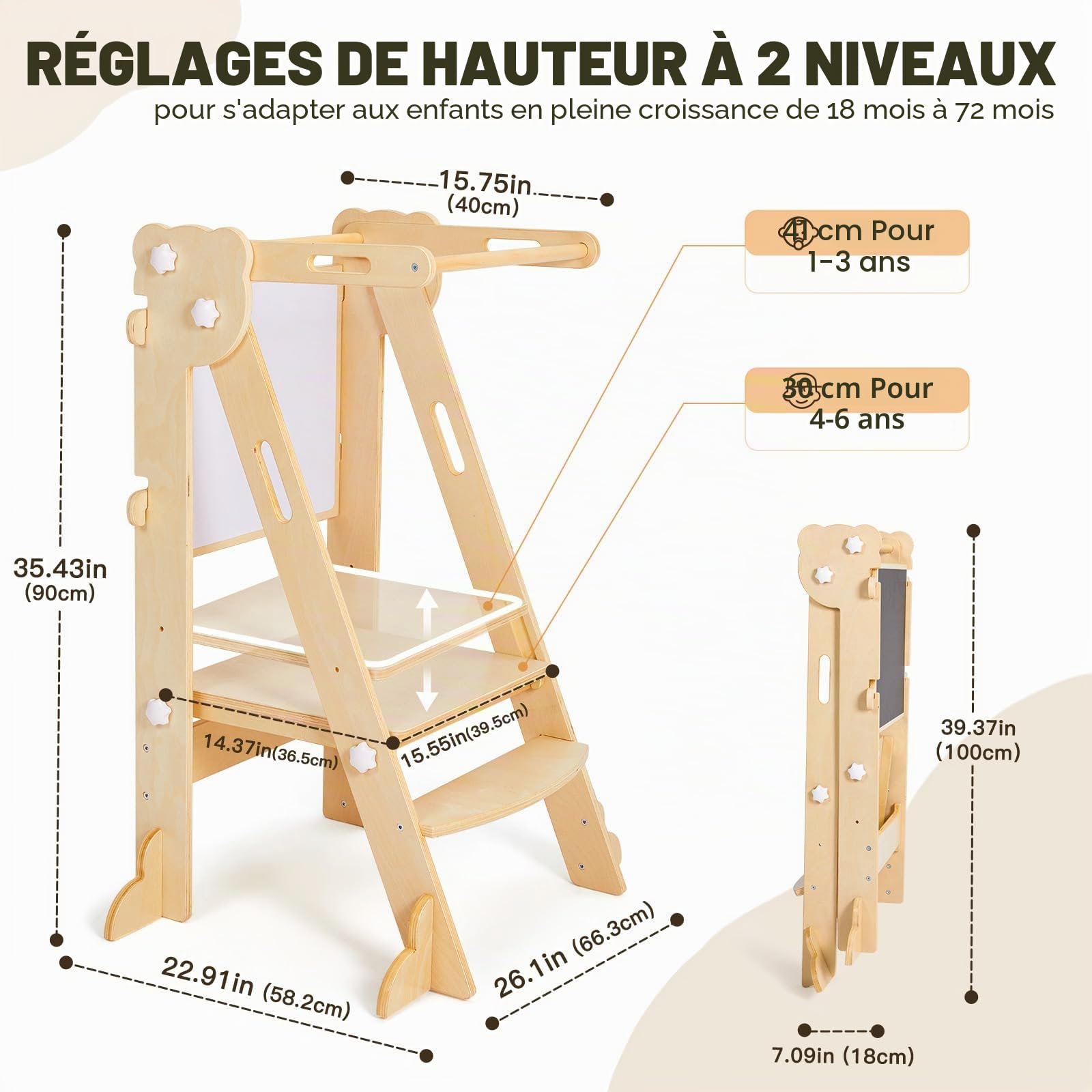 Labebe Tour d'apprentissage pour Enfants 3 en 1 Montessori Pliable Tableau Double Face Bois 1 an+