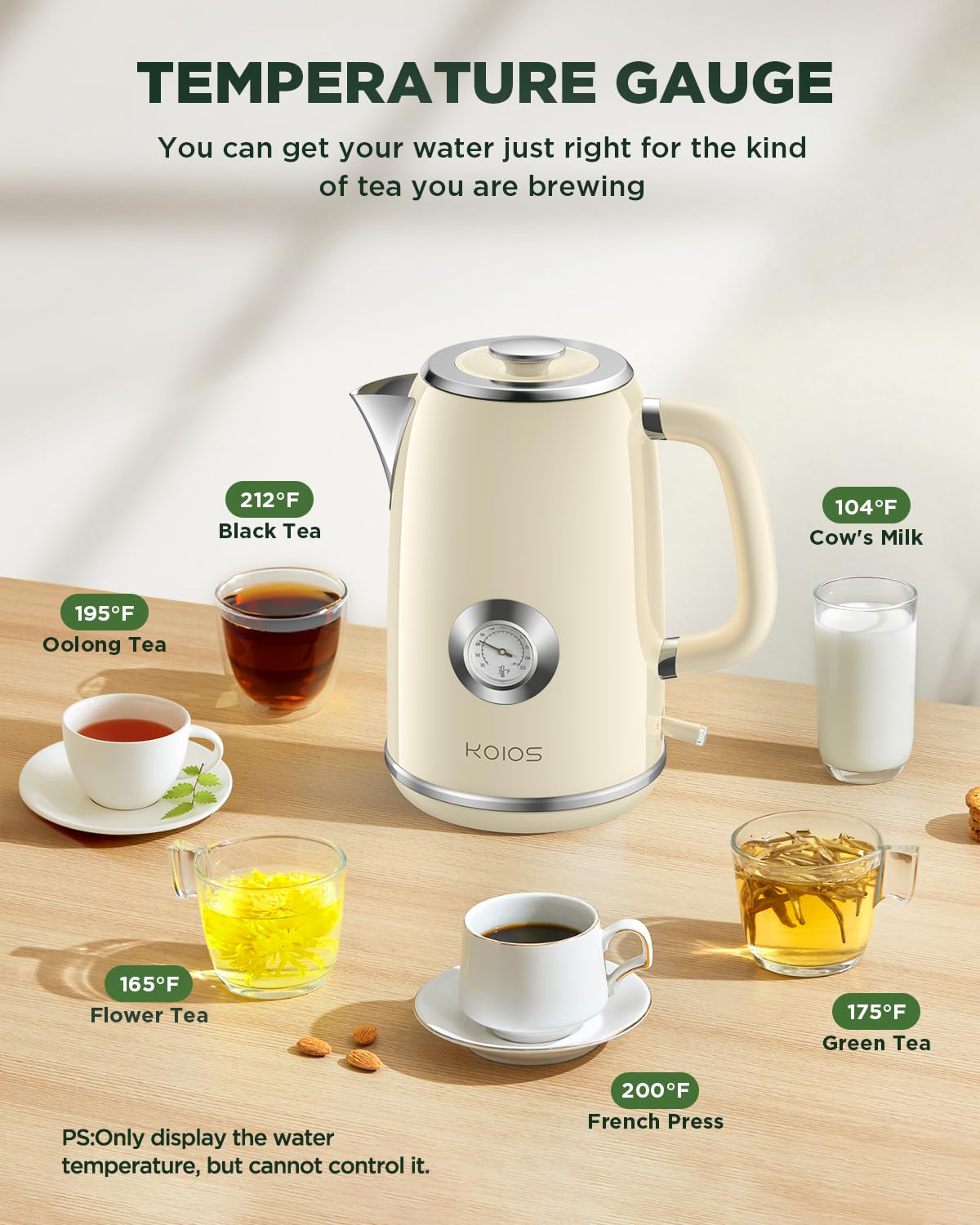 Hervidor eléctrico de 1.8 L con medidor de temperatura, hervidor de té eléctrico de ebullición rápida de 1500 W, hervidor de agua caliente de estilo retro 100% acero inoxidable, luz LED brillante, 3