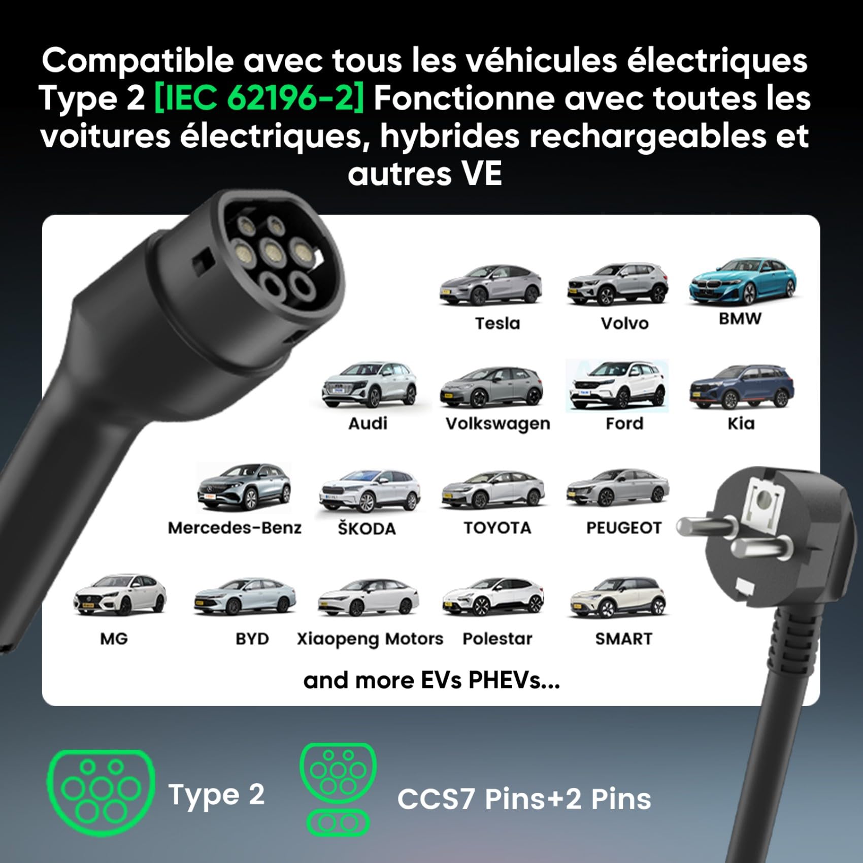 GONEO 8M Cable Recharge Voiture Electrique Type 2 monophasé,Schuko 3,68kW EV Chargeur Portable,Détection de Fuite AC 30mA+DC 6mA & Surveillance Température,Réglage 6A/8A/10A/13A/16A,Minuteur 0-8H
