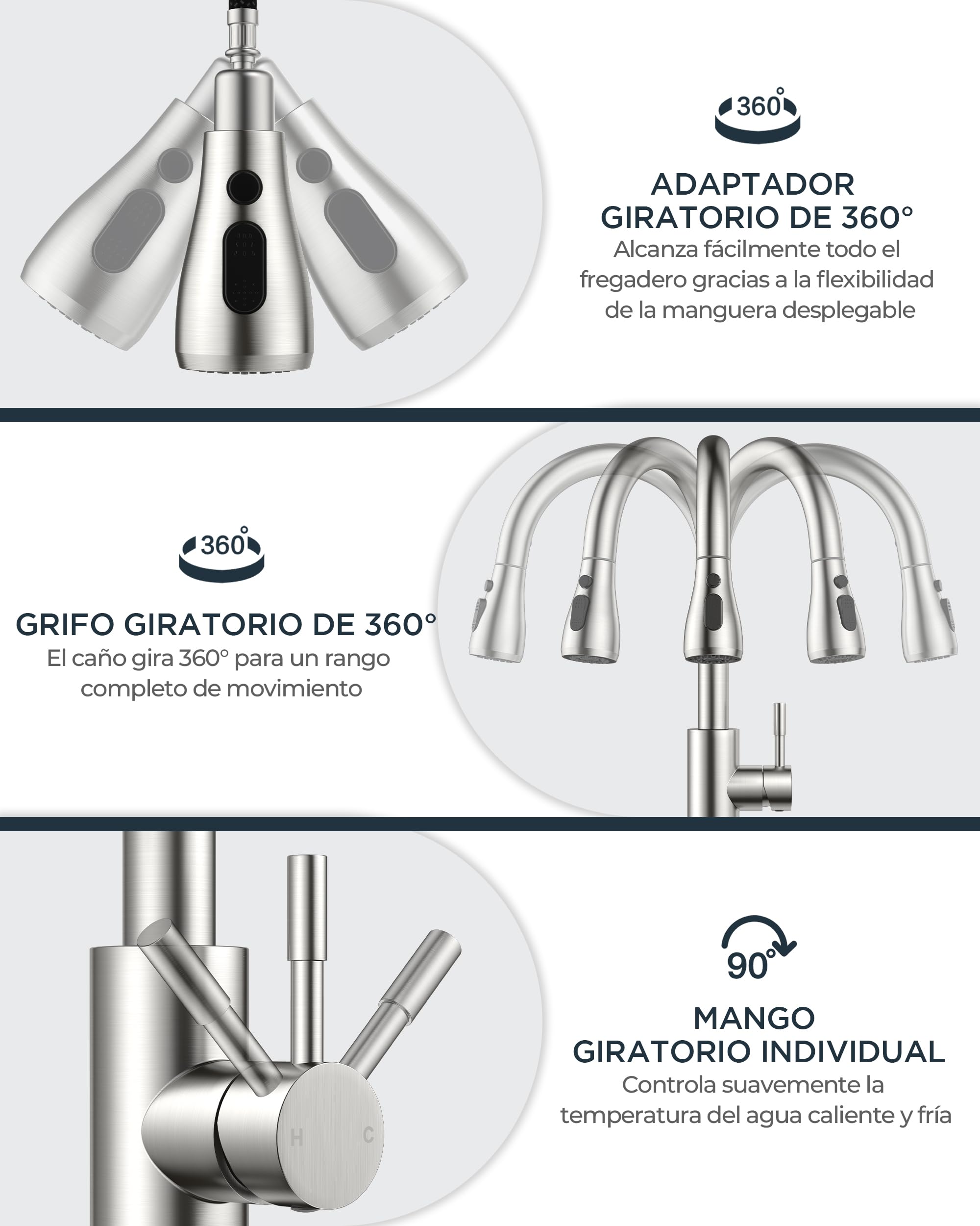 FORIOUS Grifo cocina con dispensador de jabón, Grifo Cocina Extraíble con 2 modos de rociado, mezclador monomando para agua caliente y fría, Acero Inoxidable