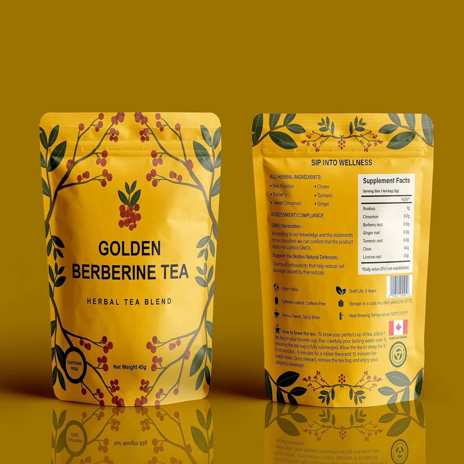 Berberine Tea 45g Natural Organic Caffeine-Free Blend Non-GMO Herbal in Plastic-Free Stand Alone Pouch Delicious Antioxidant for Immune Support - Image 8