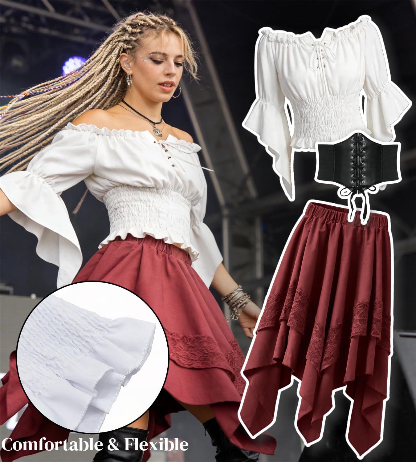 Costume da Pirata Donna Medievale Gotico Completo Veste Medievale con Camicia Bianca e Cintura, Abito da Festival per Carnevale Halloween Feste a Tema