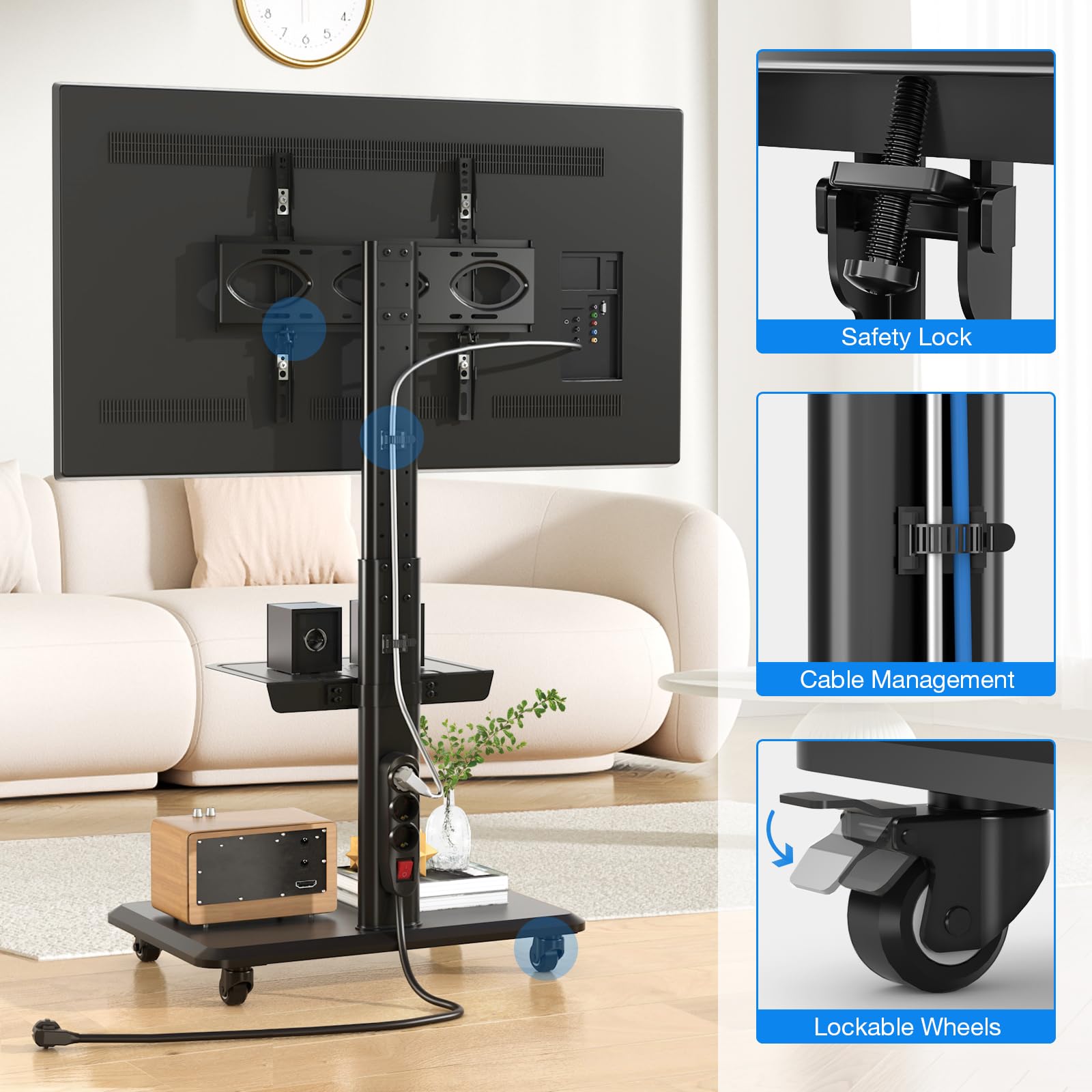 5Rcom Supporto TV Mobile su Ruote per Televisori Curvi da 32-55 Pollici, Supporto TV Girevole con Base in Legno, Altezza Regolabile con un Ripiano, Max VESA 400x400 mm fino a 35 kg