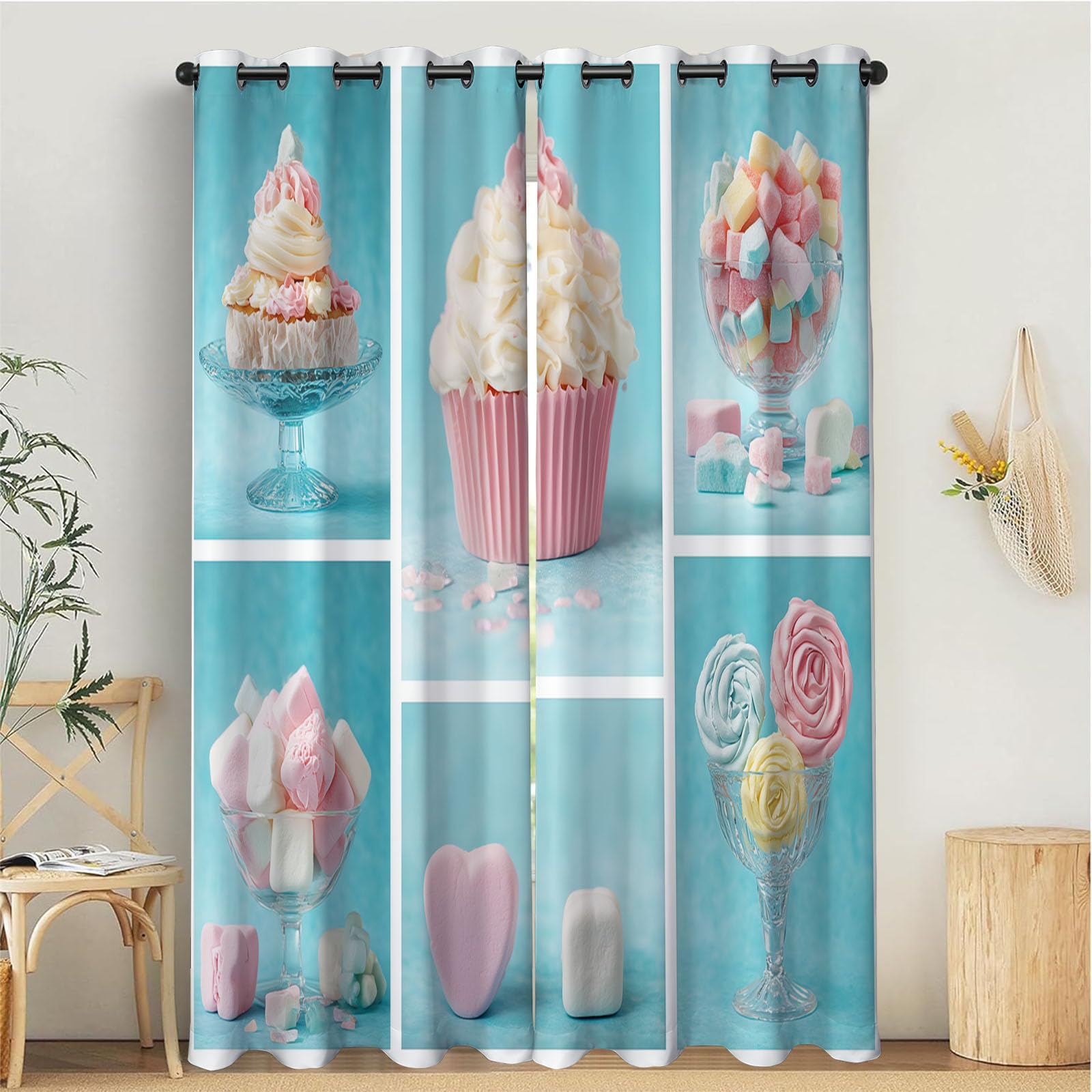 Rideaux occultants 3D cupcakes pour chambre enfant bleu 140x200cm