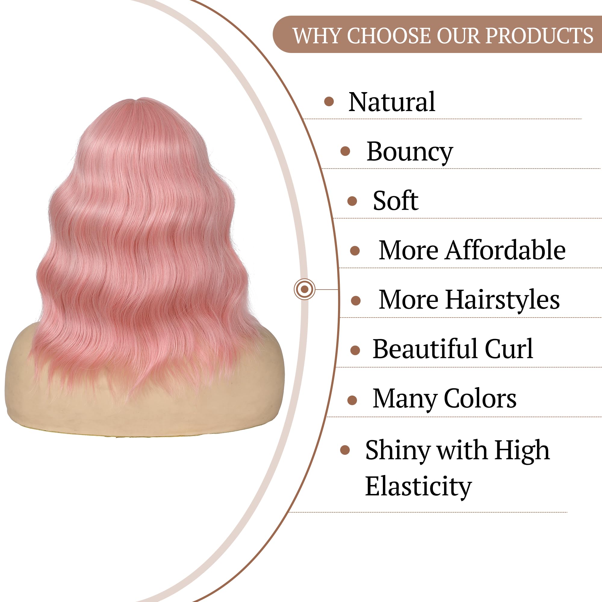 Peluca de color rosa claro para mujer, pelucas cortas onduladas pastel, pelucas rizadas con flequillo, longitud al hombro, pelucas sintéticas coloridas para cosplay, fiesta, uso diario (14 5