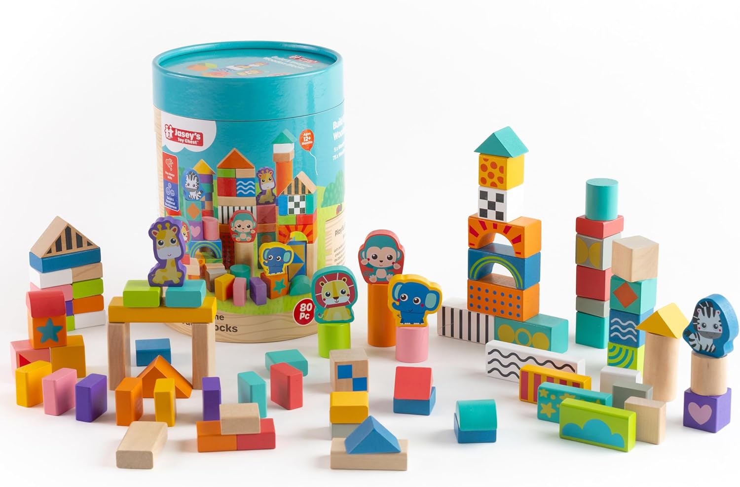 Jasey's Toy Chest Build & Imagine Wooden Blocks | 80-Piece Educational Building Set with Animal & Shape Blocks | Toddlers Ages 12+ Months