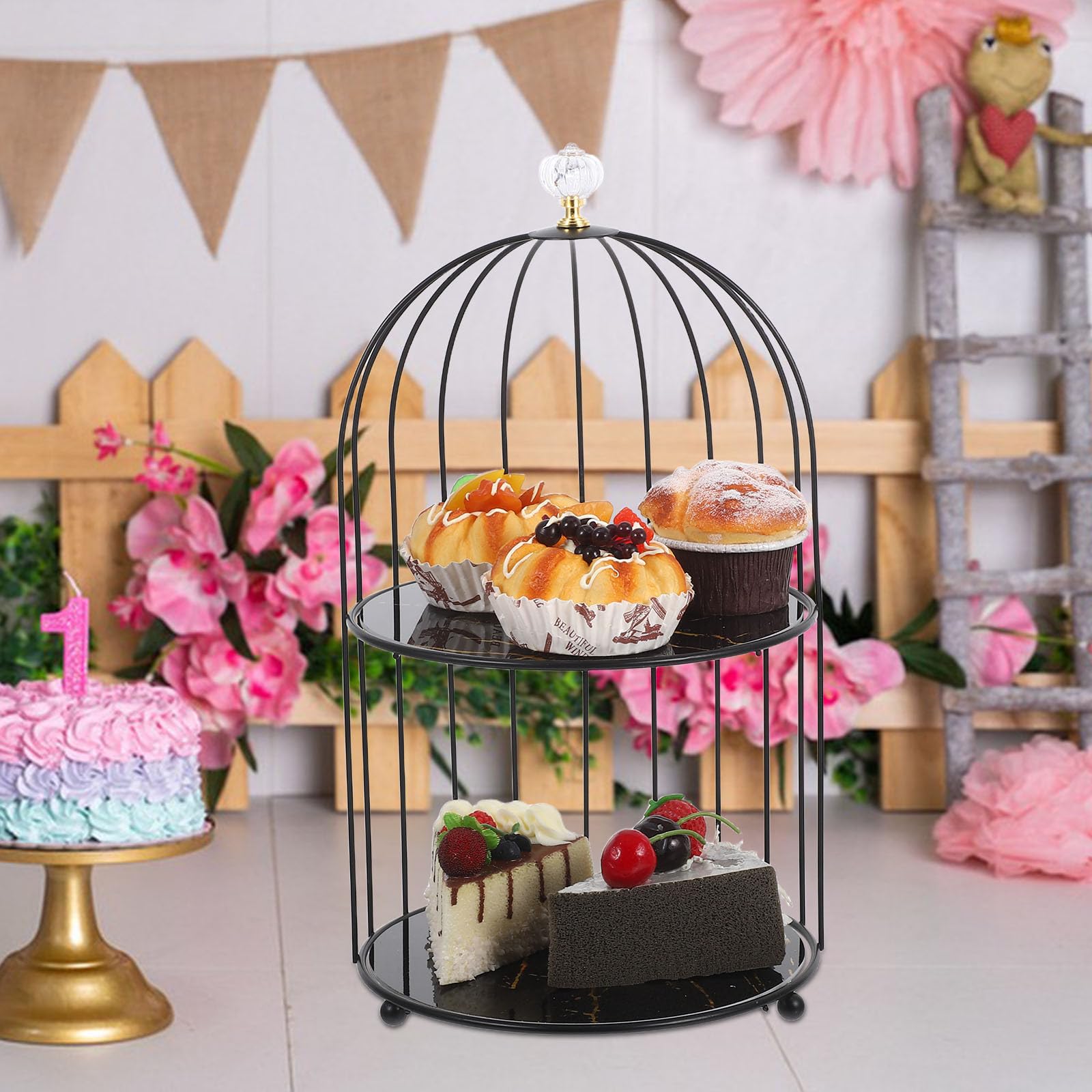 Gatuida Soporte para cupcakes con forma de jaula de pájaros, de metal, con mango de calabaza de cristal, para postres, decoración de bodas, fiestas y cumpleaños.