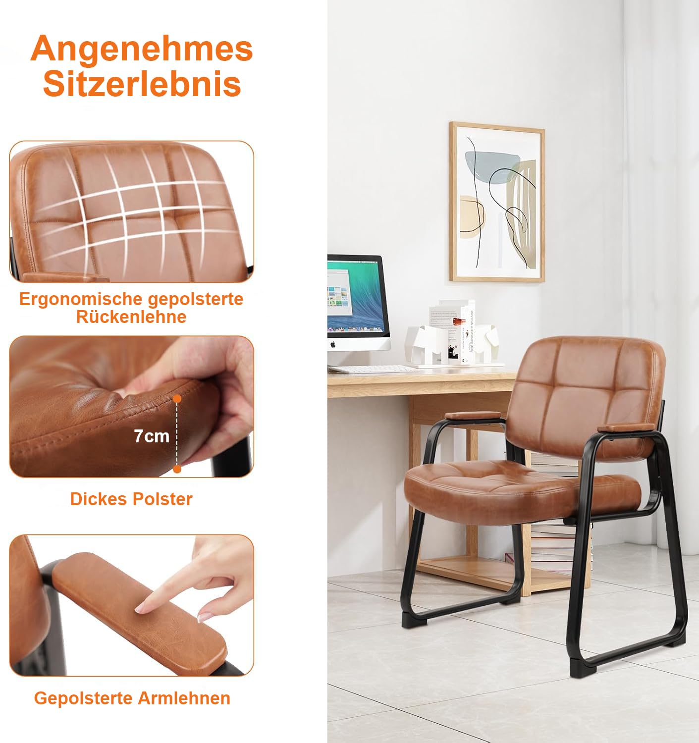 CLATINA Großer Wartezimmersessel Bequemer Gepolsterter Stuhl mit Armlehnen Stabile Kufenfüße ohne Räder Für Büro Empfang Praxis Gästezimmer und Wartebereich Modernes Braun 4er Set