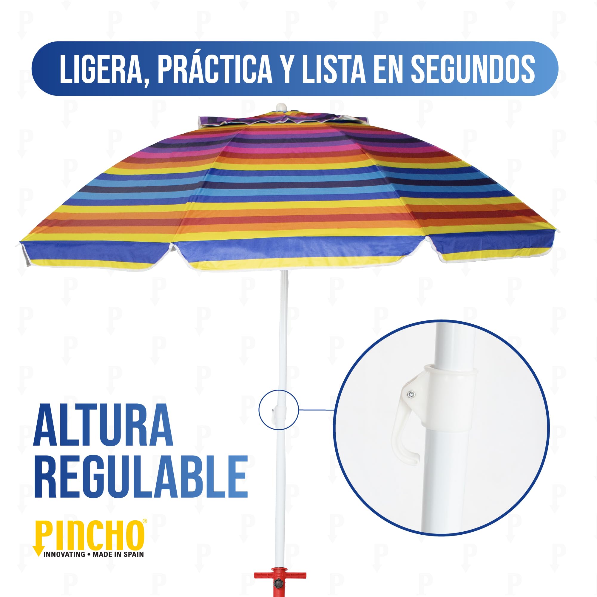 Pincho Parasol de plage à rayures multicolores 200 cm Support inclus, protection UV50+, inclinable et hauteur réglable, 8 baleines en fibre de verre, tube métallique résistant au vent