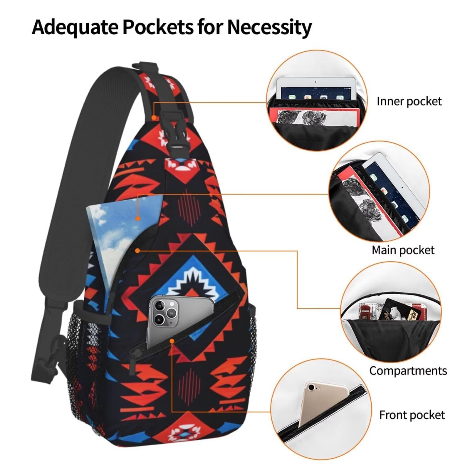 MAGIFUN Western Daily Sling Bag with Adjustable Straps Crossbody Hiking Daypack Chest Bag Abstract Geometry Ethnic Small Backpack for Casual Traveling Navajo Southwest Shoulder Backpack