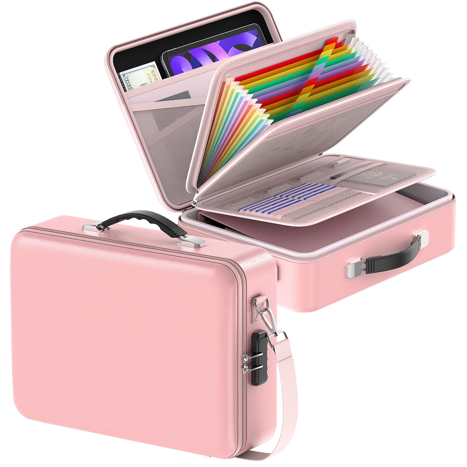 Scatola portadocumenti ignifuga con serratura e tracolla, custodia rigida organizer con cartella a fisarmonica, multistrato, portatile, per casa e ufficio (rosa)