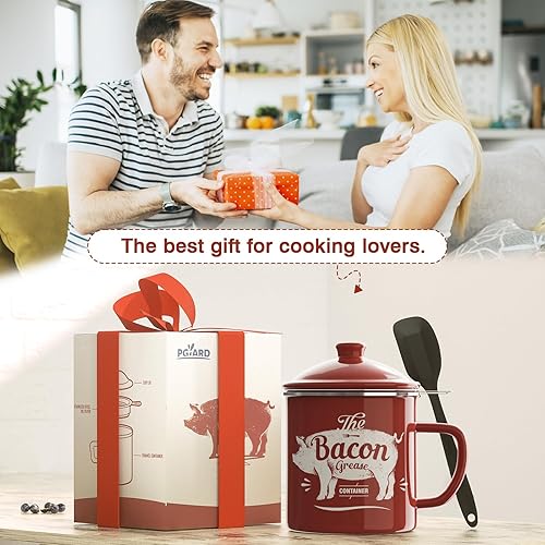 Miniatura 8 de Recipiente de grasa de tocino con colador, recipiente grande de grasa de esmalte de 46 onzas, con espátula de silicona, contenedor de grasa de